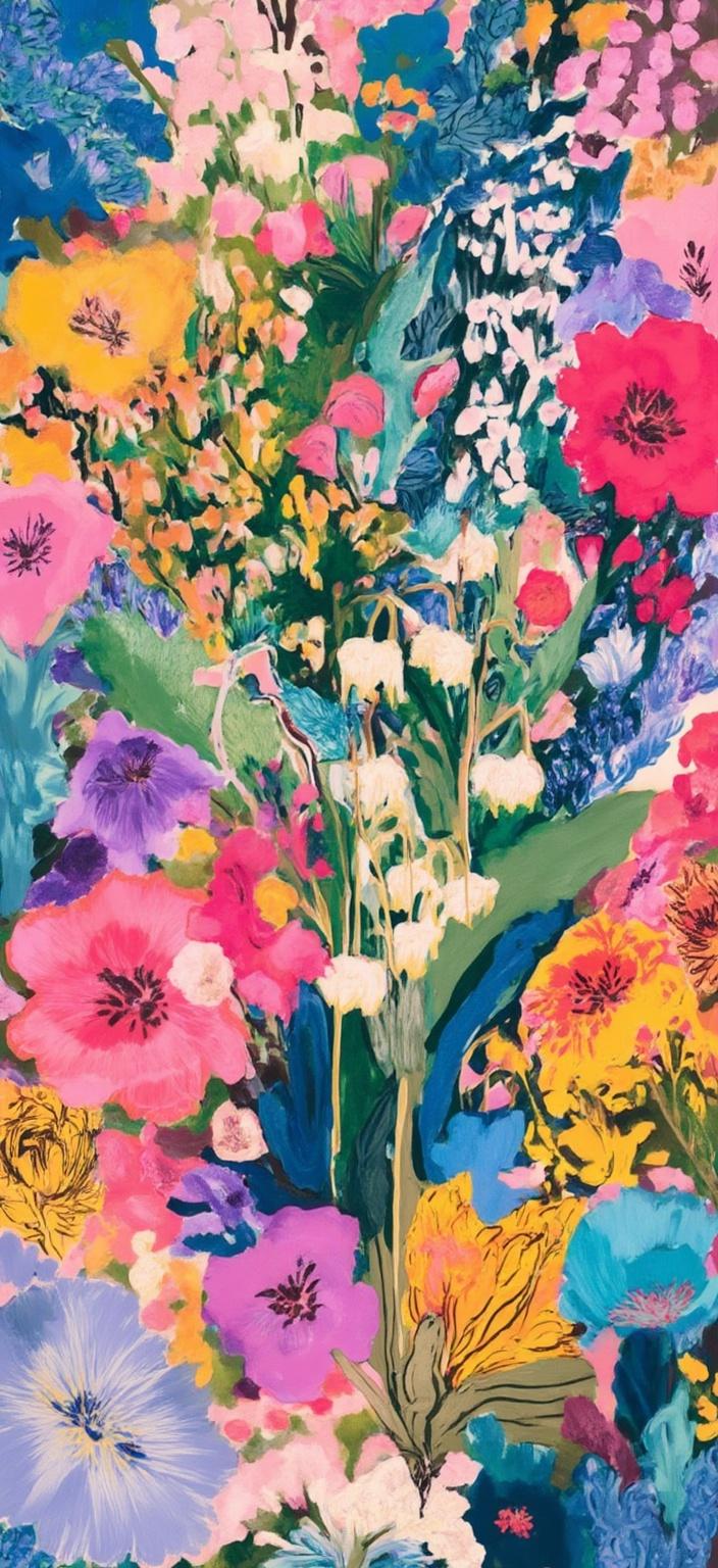 colorful_illustration, A captivating painting centers on a minimalist bouquet of Lily of the Valley, exuding an elegant simplicity that highlights the delicate, bell-shaped white flowers nestled among slender, arching green stems. This bouquet takes on a lively character, painted in a vibrant and colorful illustration style that breathes playfulness and dynamic energy into the scene. The hand-drawn feel imbues the lilies with a sense of life and movement, inviting the viewer to admire their fragile beauty.

The background is a tapestry of organic shapes and scattered decorative elements, where various leaves and floral patterns dance across the canvas. This arrangement is harmonious and natural, offering a free-flowing quality that complements the minimalist bouquet. The rich, decorative style intricately blends bold organic shapes with fine details, featuring ornamental adornments like dots, swirls, and abstract motifs. These elements are lavishly layered in an array of colors and patterns, creating depth and a sense of movement, reminiscent of the luxurious artistry found in Scandinavian folk art and mid-century botanical prints.

This design is meticulously centered, ensuring a crisp, clean appearance that lends itself perfectly to digital wallpaper. The lavish yet minimalist composition transforms a simple bouquet into a vivid, artistic expression, designed to enhance any digital space with its natural charm and intricate detail.