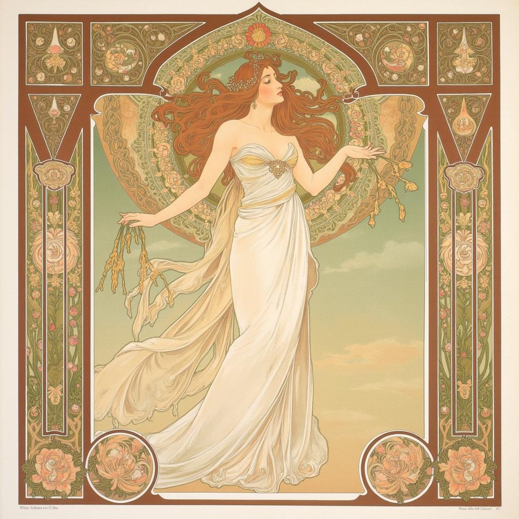 mucha, The painting features a nymph-like female figure, resplendent with ornate decorations, embodying an ethereal elegance. She stands gracefully at the center, her flowing hair and delicate pose exuding a sense of serene beauty. Her attire is an intricate tapestry of swirling patterns and soft hues, harmoniously blending with the natural motifs that envelop her. These motifs include delicate flowers, sinuous vines, and subtle celestial elements that seem to dance around her form, creating a dreamlike aura.

The background is a masterpiece of stylized artistry, where fine art meets design in a romantic, ethereal setting. Intricate decorative patterns reminiscent of Alphonse Mucha's iconic style weave through the scene, forming a rich tapestry of sinuous vines, blooming flowers, and subtle geometric patterns. The color palette is a delicate fusion of soft pastels and gentle earth tones, lending the composition an ornamental quality that is both refined and exuberant.

Encasing this enchanting scene is an elaborate ornamental frame, akin to a grand Gothic window. Its sweeping curves and detailed embellishments draw inspiration from nature, featuring organic patterns, vibrant flowers, and celestial symbols. This intricate border not only serves as a visual unifier but also acts as a gateway into a poetic realm where nature and human emotion entwine in harmonious elegance.

The entire composition is designed with precision and balance, ensuring a crisp, clean look that is perfect for printing as wall art. The central positioning of the figure and the symmetry of the frame create a captivating centerpiece, inviting the viewer into a world where art, nature, and dream converge.