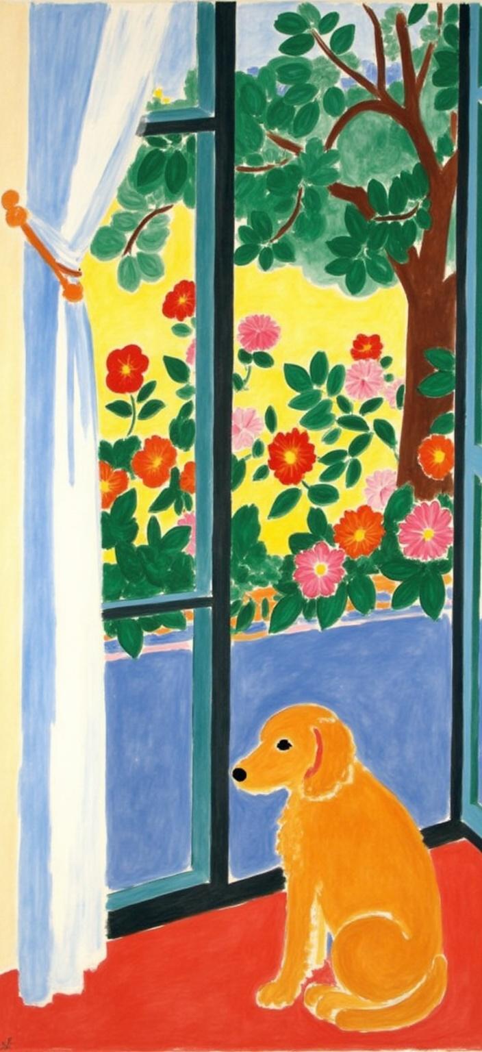 mattise_nice, In the style inspired by Henri Matisse's "Matisse in Nice," envision a vibrant, richly detailed scene centered around a small golden doodle, gracefully poised on a polished wooden floor, gazing thoughtfully out of a large, elegantly framed window. The golden doodle, with its soft, curly fur that glimmers like spun gold in the gentle afternoon light, sits attentively with its head slightly tilted, eyes filled with curious wonder. Beyond the window, the view unfolds into a lush garden bathed in the warm, inviting glow of the setting sun. The garden is a tapestry of vivid colors: deep greens of the foliage, bright splashes of blooming flowers in reds, yellows, and purples, all painted with bold, expressive brushstrokes characteristic of Matisse's work. The interior is an oasis of calm, with pastel walls and soft, flowing curtains that catch the gentle breeze, creating an atmosphere of serene elegance. This image, with its harmonious blend of vivid interior and captivating exterior, is centered perfectly to ensure a crisp, clean look, making it an ideal choice for digital wallpaper, bringing a touch of artistic elegance to any space.