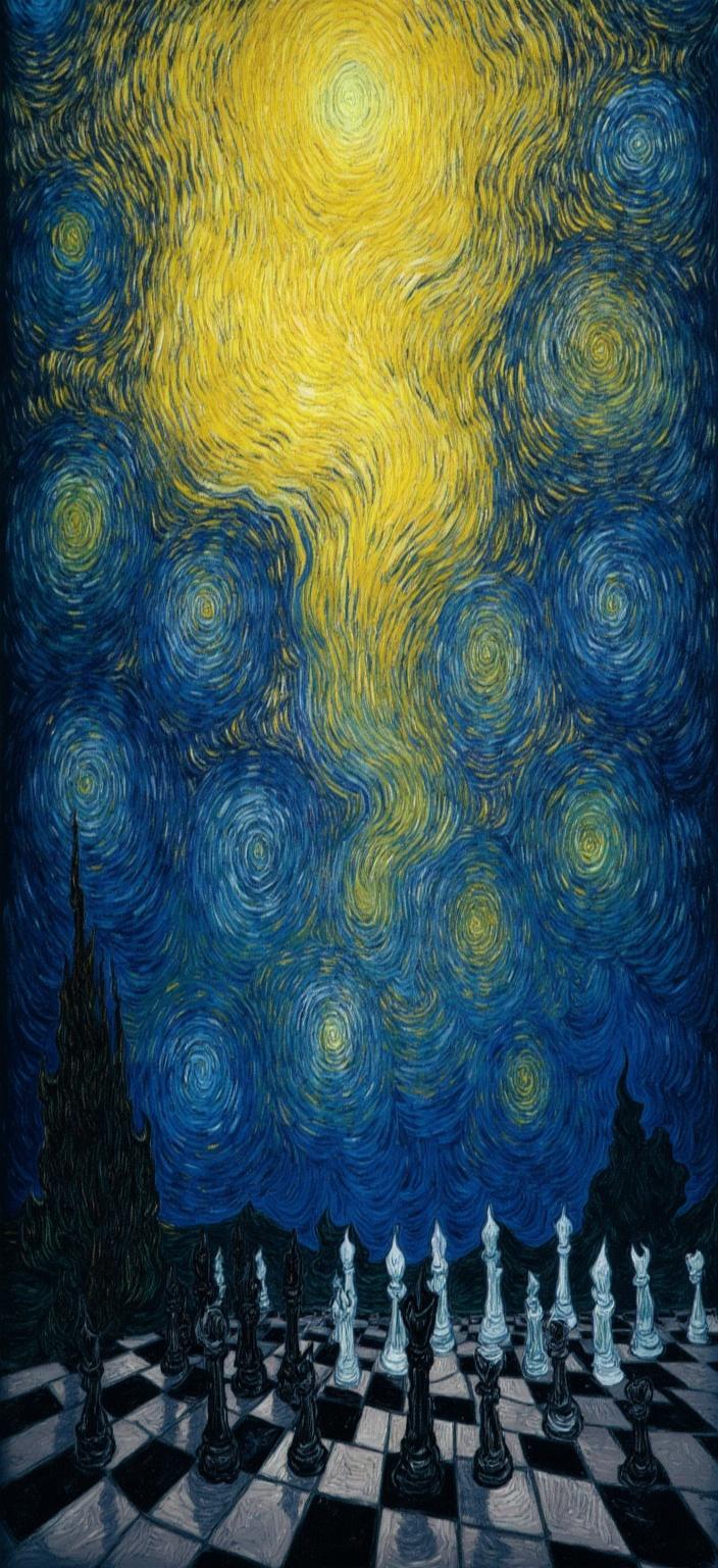 van_gogh, A captivating, atmospheric painting capturing the essence of Van Gogh's post-impressionist style, designed for a stunning digital wallpaper. Central to the composition is a dark, moody chessboard set with intricately detailed pieces, each shadowed and highlighted to convey a sense of depth and mystery. The chessboard acts as a grounding element in the foreground, its squares painted in a somber palette of deep blues, charcoal grays, and hints of muted purples, enhancing the enigmatic aura.

Above, the scene is enveloped in the iconic swirling stars and luminous night sky inspired by Van Gogh's "Starry Night." The heavens are brought to life with intense, dynamic brushwork that captures the starry expanse in vivid yellows and deep blues, swirling energetically across the canvas. The use of impasto techniques adds texture and dimension, as the thick, vibrant layers of paint evoke a sense of movement and emotional intensity.

The composition utilizes bold complementary color contrasts—rich blues against bright yellows—to heighten the visual impact and draw the viewer's gaze upward from the chessboard to the celestial display above. The brushstrokes are loose and energetic, forming swirling patterns that mimic the rhythmic quality of Van Gogh's flame-like motifs, imparting an otherworldly sensation.

This painting is infused with raw emotion and urgency, perfectly encapsulating the tension and strategic drama inherent in a game of chess under a cosmic backdrop. It is both deeply personal and universally compelling, designed to transform a digital screen into a window to a dreamlike, nocturnal realm. Perfect for a digital wallpaper, the image is centered and composed to ensure a crisp, clean look that invites contemplation and admiration.