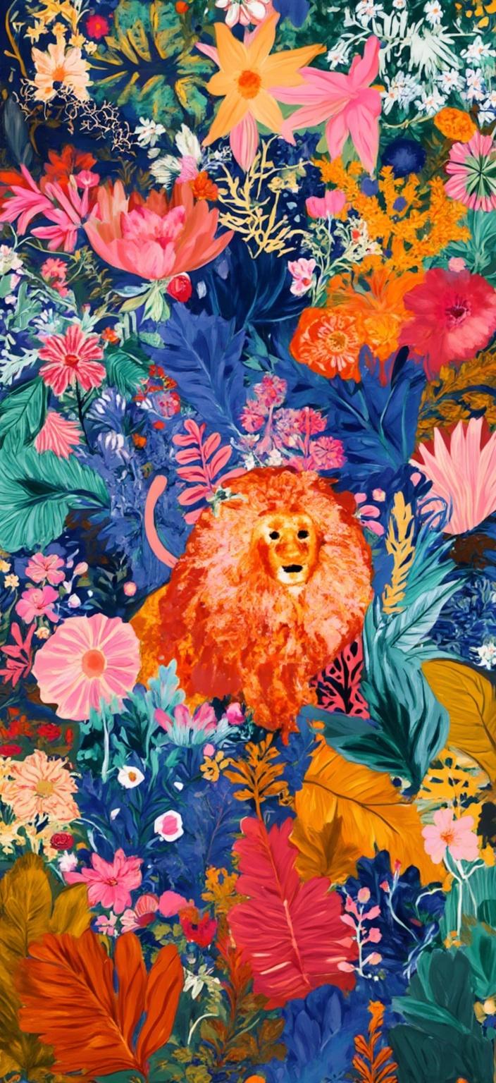 colorful_illustration, Enriched prompt: Imagine a vibrant and animated lion, brought to life in a dynamic and colorful illustration. The lion, with its majestic mane flowing like a cascade of brilliant hues, stands proudly at the center of the canvas. Its expressive eyes and playful demeanor capture the essence of animation, bringing a sense of vitality and movement to the piece. The lion's form is elegantly outlined with hand-drawn textures, adding an engaging and whimsical quality to its appearance.

Surrounding the lion is a lush backdrop filled with an array of organic shapes and scattered decorative elements. The background is a harmonious blend of various leaves and floral motifs, intricately arranged to convey a sense of natural beauty and free-flowing energy. These elements, reminiscent of Scandinavian folk art and mid-century botanical prints, create a luxurious layering effect that adds depth and movement throughout the canvas.

The composition exudes a lavish, decorative style where bold organic shapes gracefully merge with delicate details. Ornamental elements such as dots, swirls, and abstract motifs are interspersed throughout, enhancing the artwork's playful and hand-drawn feel. The rich and dynamic color palette infuses the scene with a sense of warmth and vibrancy, making it perfect for a digital wallpaper that transforms any space into a lively sanctuary of art and nature.