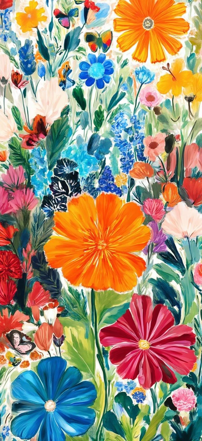 colorful_illustration, A vibrant and dynamic illustration of a colorful garden bursting with tulips, daffodils, and hyacinths takes center stage. This hand-drawn masterpiece captures the essence of a lively scene, with animated butterflies fluttering gracefully through the air, adding a whimsical touch. The garden is set against a lush background adorned with organic shapes and a harmonious arrangement of floral elements, reminiscent of Scandinavian folk art and mid-century botanical prints.

The art style draws inspiration from a lavish, decorative approach, where the intricate composition blends bold organic shapes with delicate details. Scattered ornamental elements, such as dots, swirls, and abstract motifs, enhance the luxurious layering of colors and patterns, creating a rich sense of depth and movement. Each element is thoughtfully placed to evoke a natural, free-flowing quality, ensuring the scene feels alive and vibrant.

This central composition is designed to be crisp and clean, making it an ideal choice for digital wallpaper. The harmonious balance and vivid colors ensure that the artwork creates an inviting and captivating atmosphere, perfect for enhancing any digital space with its lively charm and artistic flair.