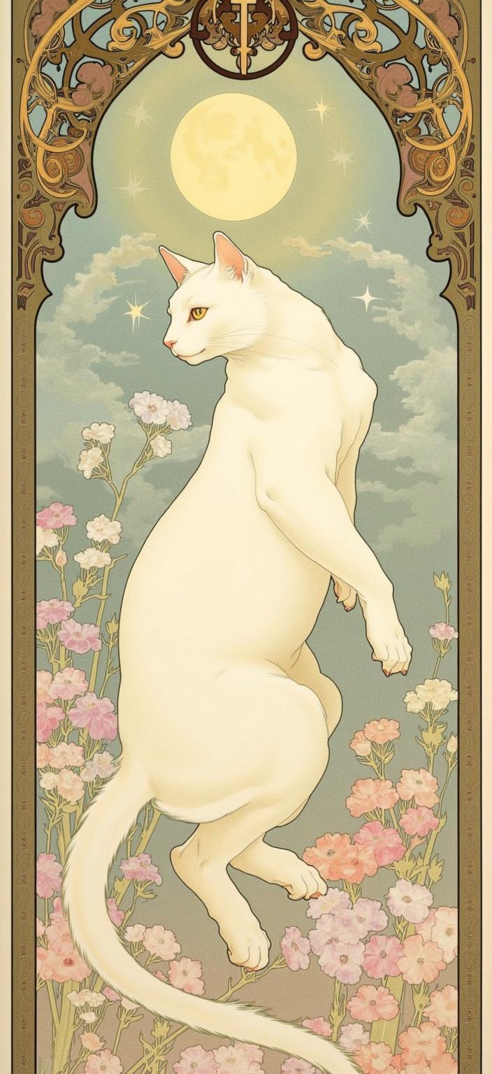 mucha, A white cat is gracefully poised beneath a luminous moon, its ethereal glow casting a gentle light on the feline's soft, silken fur. The moon, an opalescent sphere, sits high in the sky, surrounded by twinkling stars and wisps of clouds, adding to the dreamy ambiance. The cat's eyes, wide and reflective, capture the moon's light, giving it a mystical allure. 

The painting is crafted in the style of Alphonse Mucha, with flowing, organic lines and intricate decorative patterns that sweep across the canvas. The background is a harmonious blend of natural motifs, such as delicate flowers, intertwining vines, and celestial elements, all meticulously rendered to create a dreamlike and romantic aesthetic. The colors are soft and pastel, with hues of lavender, pale gold, and muted greens, creating a serene and contemplative atmosphere.

The entire scene is framed within an elaborate ornamental border reminiscent of a grand Gothic window, adorned with sweeping curves and detailed embellishments. This intricate frame, adorned with organic patterns, lush flowers, and celestial symbols like stars and crescent moons, serves as both a visual unifier and a gateway into this enchanted world where nature and emotion merge in poetic harmony.

Perfectly centered, the overall composition offers a crisp and clean look that translates beautifully onto a digital wallpaper, inviting viewers to immerse themselves in this serene, dreamlike realm every time they gaze upon their screens.