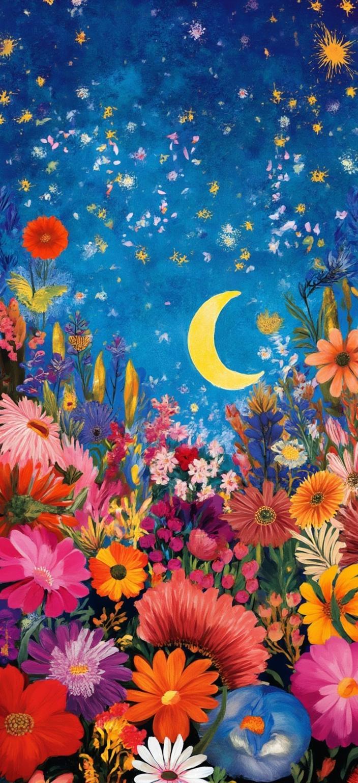 colorful_illustration, Create a digital wallpaper for a laptop inspired by Sailor Moon, capturing her essence in a vibrant and colorful illustration. The artwork should have a playful and dynamic feel, akin to a hand-drawn masterpiece. Center the image for a crisp, clean look suitable for printing onto digital-wallpaper.

Incorporate the iconic elements of Sailor Moon with an enchanting night sky filled with twinkling stars and a glowing crescent moon, subtly reflecting the magical girl’s spirit. At the forefront, a silhouette of Sailor Moon stands gracefully, her iconic flowing hair and sailor uniform detailed with bold outlines and rich colors.

The background should be decorated with organic shapes and scattered decorative elements, such as swirling galaxies and shooting stars, seamlessly blended with delicate details. Various leaves and floral elements are arranged harmoniously across the canvas, adding a natural, free-flowing quality to the design.

The lavish, decorative style infuses the composition with vibrant layers, featuring intricate patterns of ornamental elements like dots, swirls, and abstract motifs. The luxurious layering of colors and patterns creates a sense of depth and movement, capturing the dreamy and mystical atmosphere of Sailor Moon’s universe.

The organic shapes and radial floral patterns evoke a harmonious, hand-drawn feel, reminiscent of Scandinavian folk art and mid-century botanical prints, offering a fresh and whimsical take on this classic anime inspiration.