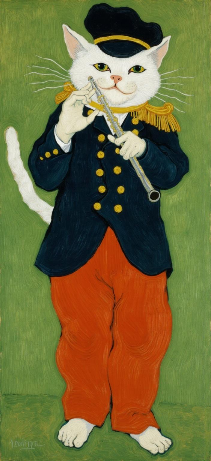 van_gogh, **Enriched Prompt:**

The painting presents a whimsical reinterpretation of Édouard Manet’s ‘The Fifer’ imbued with a lively, charming twist where a cute white cat takes center stage. This feline, exuding an air of charming confidence, stands upright with its left limbs holding a flute, positioned elegantly on the viewer’s right. The cat is fabulously dressed in a dark military-style jacket intricately detailed with shimmering gold buttons, adding a regal touch. Complementing this ensemble are vibrant red trousers that bring a dramatic flair, beautifully contrasting the cat's stark white fur. Atop its head rests a black cap, trimmed with a striking yellow band, lending an added layer of sophistication to the whimsical creature.

In its delicate paws, the feline holds the flute gracefully poised at its mouth, as if captured in the soft, melodious refrain of a captivating performance. The playfulness of this element invites viewers into a harmonious world filled with whimsy and charm. The cat’s large, luminous eyes are full of expressive curiosity, offering a delightful twist on the classic composition that both enchants and engages.

The background is a rich olive green, rendered in a flat yet lush painterly style reminiscent of 19th-century French realism. Yet, the painting draws deep inspiration from a style characterized by intense color, dynamic brushwork, and bold, expressive compositions. Vivid, rich colors are applied in thick, impasto layers, creating a swirling sense of movement and emotional depth. Bold complementary color contrasts, such as the striking pair of blue and orange, or the harmonious duo of yellow and purple, heighten the visual impact and intensity.

Loose, energetic brushstrokes swirl across the canvas, forming curly, flame-like patterns that impart a rhythmic, pulsating quality. This dynamic touch is enhanced by vigorous, linear patterns, imbuing the artwork with a sense of life and urgency. Positioned centrally, the composition ensures a crisp, clean look—ideal for a digital-wallpaper. The painting is not just a personal expression but a universally compelling piece of art, radiating visual intensity and emotional depth, making it a cherished adornment for any digital screen.