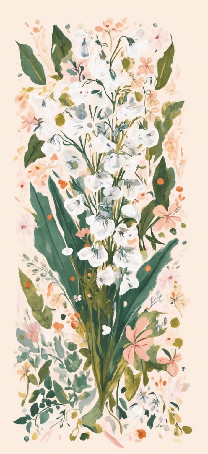 colorful_illustration, The painting centers on an exquisite bouquet of Lily of the Valley, meticulously portrayed in a Botanical Boho Minimalist style. Each delicate bell-shaped flower is elegantly captured, radiating purity and grace, while the slender, verdant leaves add a touch of lush greenery. The bouquet is arranged with a sense of natural simplicity, yet it exudes an underlying elegance and sophistication. 

Drawing inspiration from vibrant and colorful illustration techniques, the background is a lively tapestry of organic shapes and scattered decorative elements. Swirling around the bouquet, various leaves and floral motifs are intricately arranged, creating a dynamic and playful atmosphere. The composition is enriched with ornamental elements like dots, swirls, and abstract motifs that lend a sense of luxurious movement and depth. 

The lavish layering of colors and intricate patterns is reminiscent of Scandinavian folk art and mid-century botanical prints, offering a harmonious blend of bold organic shapes with delicate details. This interplay of vibrant hues and intricate designs bestows the painting with a hand-drawn, dynamic feel, capturing the essence of a botanical paradise.

Perfectly centered, this art piece is crafted to ensure a crisp, clean visual impact, making it ideal for digital wallpaper. The seamless blend of natural beauty and artistic expression conjures a serene yet lively ambiance that will transform any digital space into a haven of tranquility and inspiration.