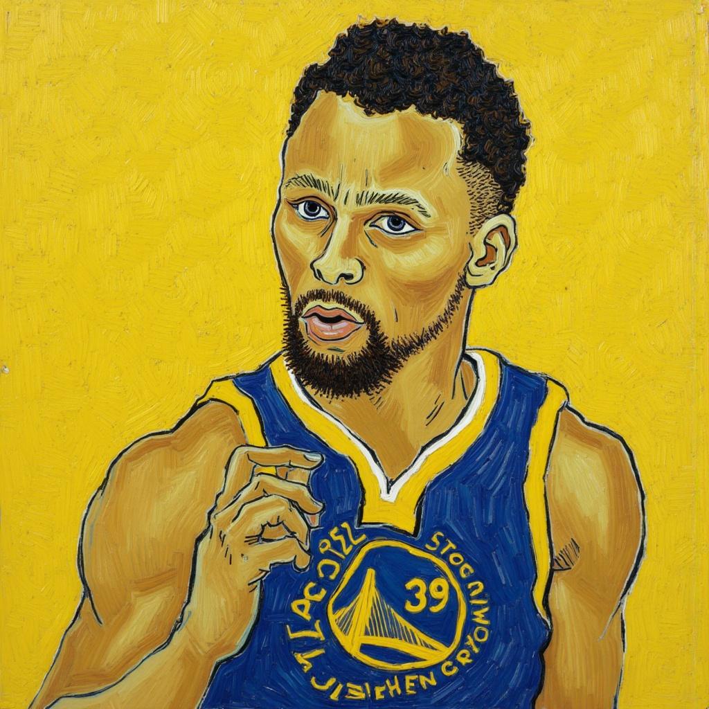 van_gogh, Enriched prompt: 

Create a captivating portrait of NBA player Stephen Curry that embodies the essence of intensity and dynamism, capturing his prowess and charisma on the basketball court. The painting should burst with vibrant, intense colors, utilizing dynamic brushwork and bold, expressive compositions that bring Curry's energy and playfulness to life. Employ vivid, rich colors, applied in thick, impasto layers, to create a sense of movement and emotional depth, mirroring the excitement he brings to the game. Harness bold complementary color contrasts, such as electric blues clashing with fiery oranges or radiant yellows paired against deep purples, to heighten the visual impact and intensity of the piece.

The brushstrokes should be loose, energetic, and swirling, with curly, flame-like patterns that lend a rhythmic, almost pulsating quality to the painting, capturing Curry's fluid motion and the thrill of the game. This dynamic touch, combined with vigorous, linear patterns, should invoke a unique sense of motion and life, making the artwork both deeply personal and universally compelling. Center the image to ensure a crisp, clean look, perfectly suited for creating a stunning wall-art piece that would serve as a testament to Stephen Curry's legendary status in basketball, suitable for prominent display.