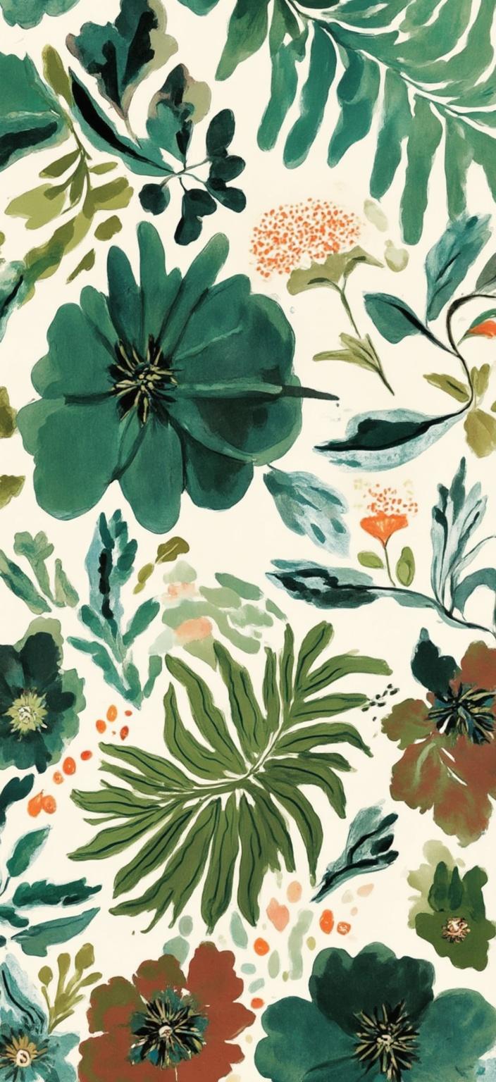 colorful_illustration, Enriched prompt: Imagine a minimalistic yet captivating painting designed as a digital wallpaper, presenting a soothing interplay of green hues blended with darker tones that provide a relaxing, eye-friendly experience. The composition draws inspiration from a vibrant and colorful illustration style, characterized by its playful, dynamic, and hand-drawn feel. The background is adorned with organic shapes and scattered decorative elements, including graceful leaves and floral motifs, arranged harmoniously across the canvas. This configuration infuses the image with a natural, free-flowing quality. The meticulous composition incorporates bold organic shapes with delicate details featuring ornamental elements like dots, swirls, and abstract motifs that add an element of luxury. The layering of these colors and patterns lends depth and movement, creating an aesthetic that echoes the lavish decorative style reminiscent of Scandinavian folk art and mid-century botanical prints. The art is perfectly centered to ensure a crisp, clean look, ideal for printing as a stunning digital wallpaper.