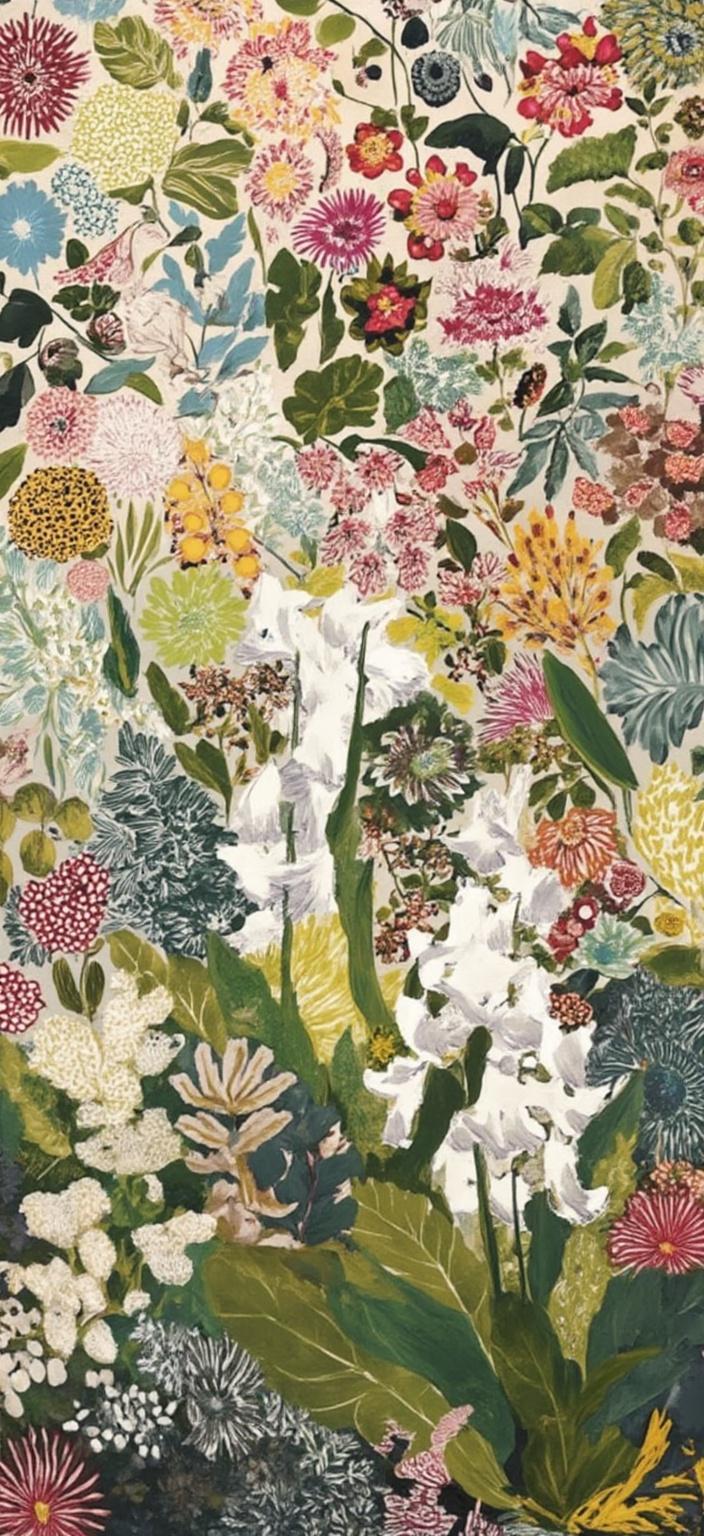 colorful_illustration, The painting features an enchanting display of Lily of the Valley, capturing the delicate beauty of these fragrant blooms. Each bell-shaped flower is meticulously rendered, showcasing their pristine white petals tinged with subtle hints of soft green, exuding a gentle elegance. In the background, a tapestry of vibrant and colorful illustrations unfolds, characterized by a playful and dynamic hand-drawn feel. Organic shapes intertwine with scattered decorative elements, creating a harmonious blend of various leaves and additional floral motifs. The composition exudes a natural, free-flowing quality that invites the viewer into a whimsical world.

Inspired by the lavish and decorative style, the intricate composition melds bold organic shapes with delicate details. Scattered ornamental elements like dots, swirls, and abstract motifs add a touch of opulence. The luxurious layering of colors and patterns brings depth and movement to the scene, enveloping the lilies in a vibrant embrace. The radial floral patterns and organic shapes work in harmony, reminiscent of Scandinavian folk art and mid-century botanical prints, conveying a sense of nostalgia and charm.

The image is centered perfectly, ensuring it has a crisp, clean look, making it ideal for digital wallpaper. This enchanting artwork transforms any screen into a window to a serene garden, celebrating the timeless beauty of Lily of the Valley in a captivating and richly detailed style.