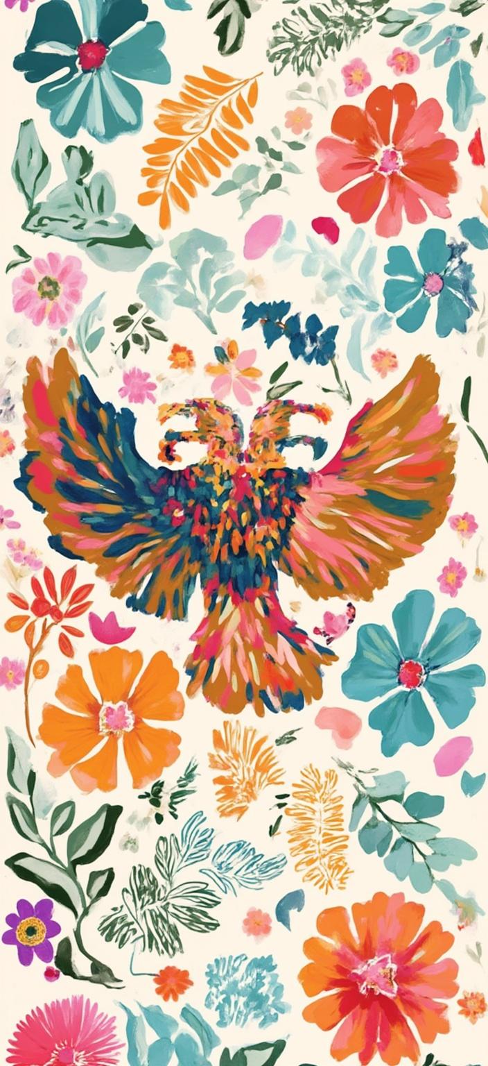 colorful_illustration, Enriched prompt: Imagine a striking digital wallpaper that features the imperial Russian coat of arms painted in a vibrant and colorful illustration style. The central motif, meticulously depicting the double-headed eagle, exudes a playful yet regal presence. The scene is brought to life with a hand-drawn feel, surrounded by an invigorating array of organic shapes. Scattered decorative elements such as dots, swirls, and abstract motifs animate the background, while various leaves and floral elements are harmoniously arranged across the canvas. This luxurious layering of colors and patterns captures a sense of depth and movement, drawing inspiration from both Scandinavian folk art and mid-century botanical prints. The intricate composition is lavishly detailed, blending bold organic shapes with delicate details, ensuring a crisp, clean aesthetic perfect for a captivating digital wallpaper.