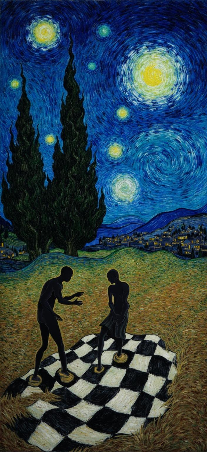 van_gogh, A captivating digital wallpaper that centers on a dark, moody chessboard set against the iconic swirling stars of Van Gogh's "Starry Night." Painted in Van Gogh's expressive post-impressionist style, the scene radiates intense color and dynamic brushwork. The chessboard anchors the foreground, its black and white squares stark against a cosmos of deep blues and blacks. Two shadowy figures, resembling ethereal apparitions, sit in silent contemplation over their game. Their ghostlike forms are softly illuminated by the glowing starry sky above, casting an enigmatic atmosphere over the scene.

The night sky, with its vibrant yellows and rich blues, dominates the composition, creating a striking contrast against the shadows below. In the distance, a village with warmly lit windows adds a touch of comforting warmth amidst the cool tones. Towering cypress trees sway gently beside the chessboard, their silhouettes bridging the earth and sky, adding to the surreal aura.

The brushstrokes in this piece are thick and textured, embodying Van Gogh's trademark impasto style. They swirl with emotion and movement, blending reality and dream in a surreal, poetic composition. The interplay of bold complementary colors—such as the deep blues against the vibrant yellows—heightens the visual impact, creating a dance of hues that pulsates with life.

This intense and dynamic artwork resonates with raw emotion and urgency, making it a perfect choice for a digital wallpaper that transforms any space into a window to a dreamscape. The rhythmic, swirling patterns evoke a sense of motion and vitality, offering a deeply personal yet universally compelling visual experience ideal for those who appreciate art that transcends the ordinary.