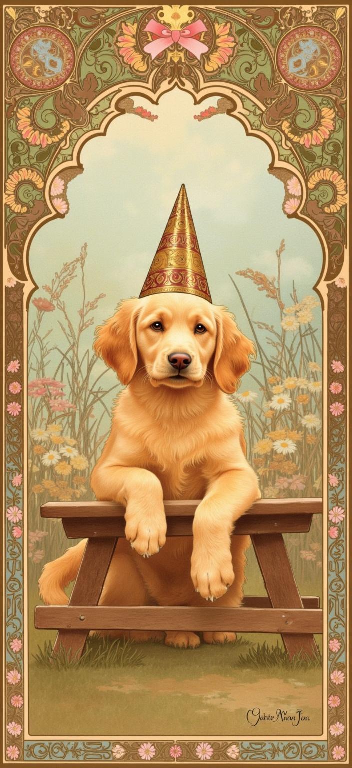 mucha, In this enchanting digital wallpaper, a golden doodle puppy takes center stage, exuding an air of majestic charm as it wears a regal birthday hat. Its fluffy coat gleams with a golden hue, contrasting beautifully against the elaborate decorative patterns that engulf the scene. The puppy is elegantly propped up on a rustic picnic bench, with both front paws gracefully stretched forward, embodying the true essence of a party star. Its head leans slightly forward, with calm, knowing eyes that capture the essence of being the main character in this festive celebration.

The painting draws inspiration from the flowing, organic lines and intricate patterns characteristic of Mucha's artistic style. The background is a harmonious blend of natural motifs, featuring an exquisite array of sinuous vines and exuberant floral elements. Celestial symbols intermittently dot the scene, adding a touch of ethereal beauty. The composition is bathed in delicate, refined colors that enhance the romantic, dreamlike aesthetic—inviting the viewer into a whimsical world where nature and joy intertwine seamlessly.

An elaborate ornamental frame encloses the entire scene, reminiscent of a grand Gothic window. Its sweeping curves and detailed embellishments of organic patterns, blooming flowers, and celestial icons provide a cohesive visual unifier. This intricate border serves as both a gateway into a poetic realm and a sophisticated finish to the digital wallpaper—ideal for elevating any digital space with its refined and harmonious charm.