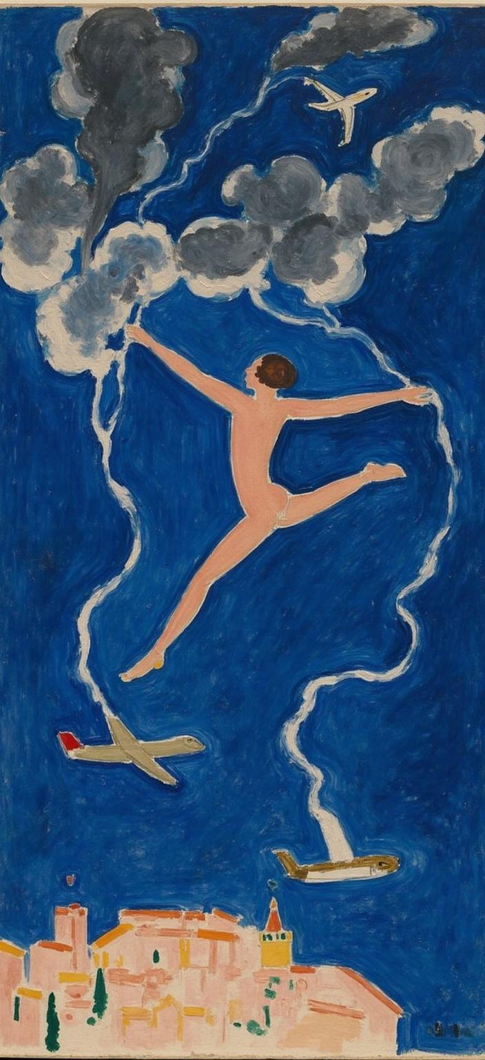 mattise_nice, Enriched prompt: Picture an exhilarating scene captured in the distinctive "Matisse in Nice" style, renowned for its vibrant yet sophisticated use of color and bold, fluid lines. The image is set against a dramatic backdrop of a stormy sky, painted primarily in deep, dark shades to establish a mood of thrilling anticipation. As a focal point, a figure is depicted in mid-air, frozen in a moment of audacious freedom as they leap from an airplane. Their body language conveys a sense of adventure and fearlessness. Surrounding them, swirling clouds imbued with subtle gray tones roll through the sky, while streaks of lightning illuminate the scene with fleeting bursts of light. The composition maintains a balanced and crisp appearance, perfectly centered to create a striking, high-resolution digital wallpaper sized at 1920x1080, ideal for a computer background.