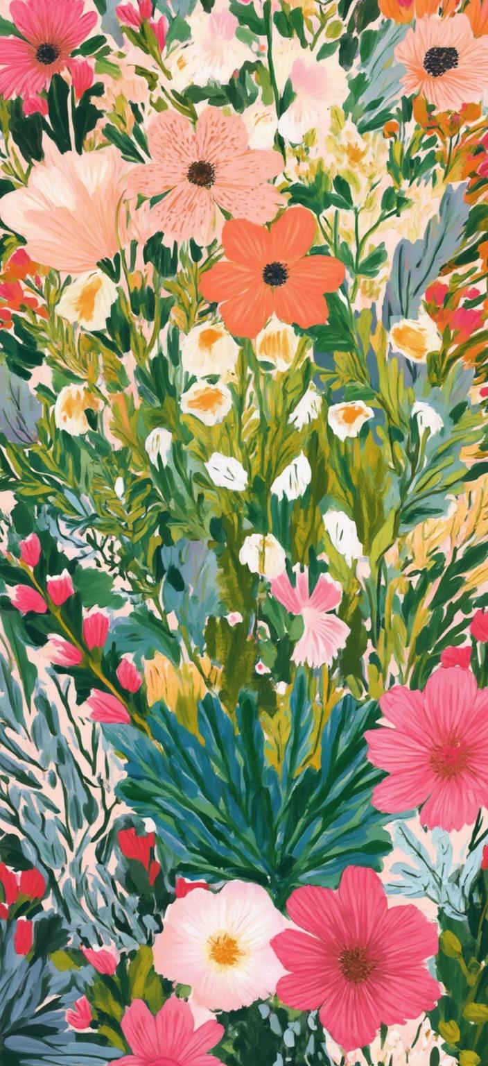 colorful_illustration, In the vibrant and colorful illustration, a centerpiece bouquet of Lily of the Valley blooms with an expressive, hand-drawn feel. The elegant white bell-shaped flowers, with their delicate green stems, are captured in exquisite detail, highlighting the botanical minimalist theme. The background flourishes with playful, organic shapes, featuring a harmonious arrangement of various leaves and floral elements that seem to dance across the canvas.

Inspiration drawn from a lavish, decorative style, the composition intertwines bold organic shapes with intricate details. Scattered ornamental elements, such as dots, swirls, and abstract motifs, are layered among the lush foliage, creating a sense of depth and movement. The luxurious layering of vibrant colors and patterns reflects a rich tapestry that enhances the natural beauty of the bouquet.

The overall design embraces the harmonious, hand-drawn aesthetic, reminiscent of Scandinavian folk art and mid-century botanical prints. The radial floral patterns and organic shapes coalesce to form a free-flowing, dynamic image that maintains a crisp, clean look, perfect for a digital wallpaper. The artwork's centrality ensures it is suitable for printing, providing a visually stunning and balanced masterpiece for any digital setting.