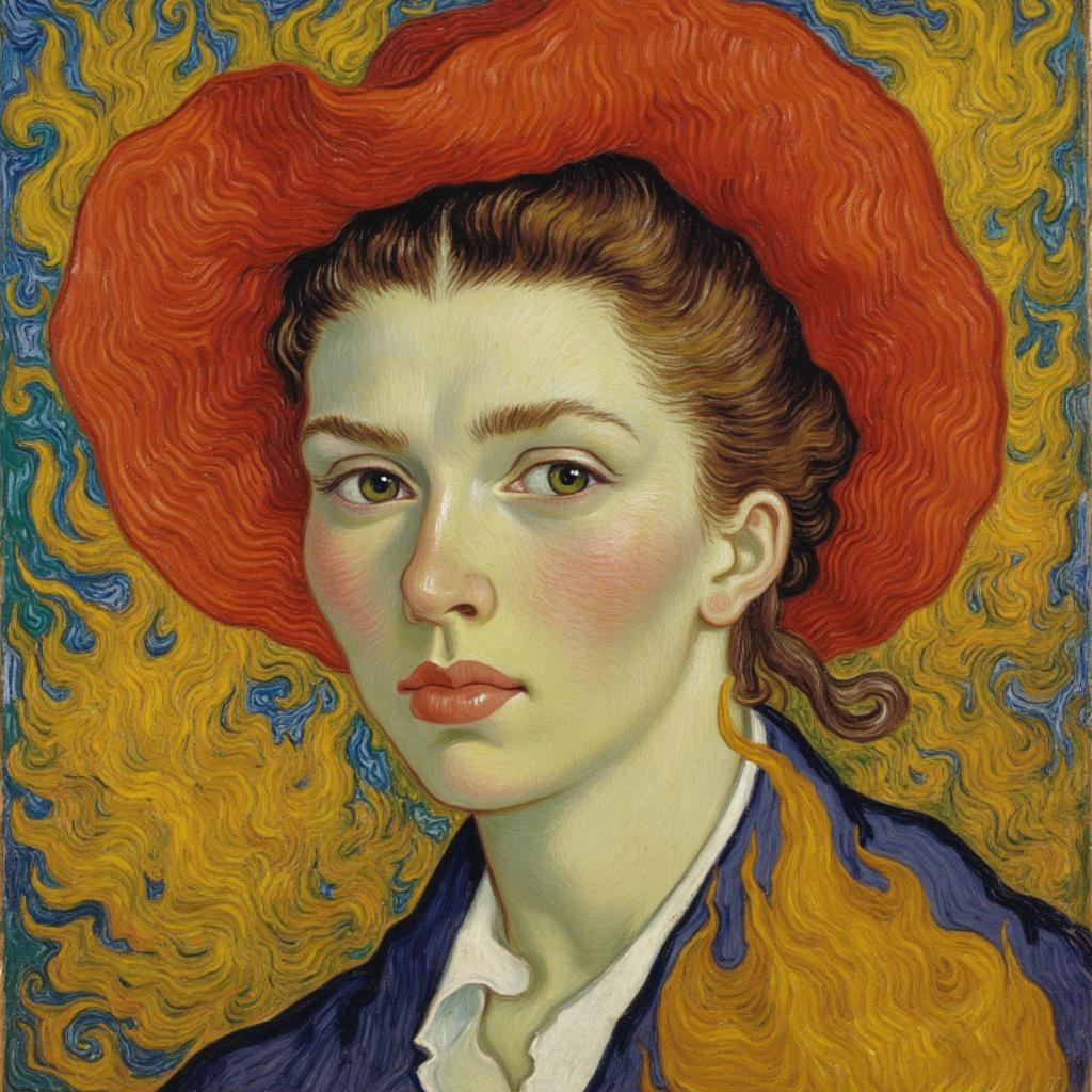 van_gogh, The painting centers on a captivating portrait of a young woman, her serene yet intense gaze drawing the viewer in. She wears a strikingly vivid red hat that pops with vibrancy against the surrounding hues, symbolizing both elegance and boldness. Her facial features are delicately rendered, yet they resonate with an underlying strength and confidence.

The background and the woman's attire are painted with intense color, dynamic brushwork, and bold, expressive compositions. Vivid, rich colors are applied in thick, impasto layers, creating a sense of movement and emotional depth that envelops the viewer. The artist's choice of bold complementary color contrasts—such as flashes of blue and orange, or undertones of yellow and purple—heightens the visual impact and intensity of the portrait. 

Swirling, energetic brushstrokes form curly, flame-like patterns around her, imbuing the piece with a rhythmic, pulsating quality. This dynamic touch, combined with vigorous, linear patterns, instills the painting with a unique sense of motion and life, as if the portrait itself is breathing and animated.

The overall composition is infused with raw emotion and a sense of urgency, making the artwork both deeply personal and universally compelling. The painting’s emotional depth is mirrored in the woman's expression, inviting viewers to explore the narrative behind her poised demeanor.

This piece is designed with the intention of wall-art, ensuring it is both a centerpiece and a conversation starter. The crisp, clean look of the centered composition enhances its suitability for printing, making it a stunning addition to any space that seeks to celebrate art with profound emotional resonance.