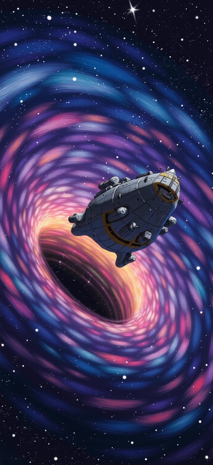 ghibli_illustration, The painting captures a mesmerizing scene of a sleek, intricately designed spaceship drifting gracefully near a magnificent wormhole. The spaceship, with its detailed exterior featuring visible panels and a complex array of antennas, exudes a sense of advanced technology and exploration. Its glossy surface reflects the swirling colors of the wormhole, creating a stunning play of light and shadow.

The wormhole itself is a breathtaking vortex of swirling hues, primarily composed of deep blues, rich purples, and vibrant pinks, with hints of golden light peeking through. Its edges are softly blurred, evoking a sense of motion and mystery, as if it is pulsating with cosmic energy. The surrounding space is dotted with twinkling stars, adding depth to the scene and enhancing the dreamy quality.

The painting is rendered in a hand-drawn animation style, where every element is lovingly detailed. The spaceship's contours and the wormhole's swirling motions have a soft, painterly texture, reminiscent of pencil sketches. Subtle imperfections add a touch of authenticity, invoking a sense of organic movement and bringing the scene to life.

Warm, natural lighting bathes the composition, creating a cozy and inviting atmosphere. The colors are vivid yet slightly muted, avoiding harsh contrasts to maintain a nostalgic and dreamlike quality. The richly detailed background gives depth to the vastness of space, ensuring that the viewer feels as though they are part of this extraordinary journey.

As a digital wallpaper, the image is centered meticulously, guaranteeing a crisp and clean look suitable for any screen. The spaceship and wormhole are accurately proportioned and clearly visible, drawing the viewer's eye into this fantastical realm of space exploration, while the meticulously rendered textures make the scene feel tangible and lived-in.