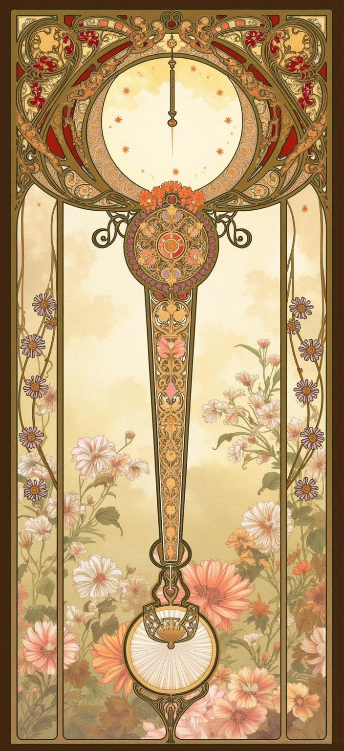 mucha, Enriched prompt: The image features a batarang from the "Batman vs Superman" movie, centered majestically like a church glass window, set against a flowing tapestry of organic lines and intricate decorative patterns. The design draws inspiration from the Mucha style, known for its harmonious blend of natural motifs, such as vines, blooming flowers, and celestial elements. The batarang stands out boldly in the center, surrounded by a dreamlike, romantic aesthetic. 

The background is highly stylized, merging fine art with design, enriched with Mucha’s signature palette of delicate colors—soft pastels and muted earth tones—that seamlessly enhance the composition. Sinuous vines and a cascade of exuberant floral motifs wrap around the batarang, intertwining with subtle geometric patterns, giving the scene a refined, ornamental quality.

An elaborate ornamental frame encases the entire artwork, its sweeping Gothic curves and detailed embellishments reminiscent of a grand cathedral window. This intricate border, adorned with organic patterns, flowers, and celestial symbols such as stars and crescent moons, serves as a visual unifier. It acts as a gateway into a poetic harmony where nature and human emotion beautifully intertwine.

This captivating art piece is designed to be perfectly centered, ensuring a crisp, clean look suitable for digital-wallpaper displays, bringing an alluring touch of artistry to any screen.