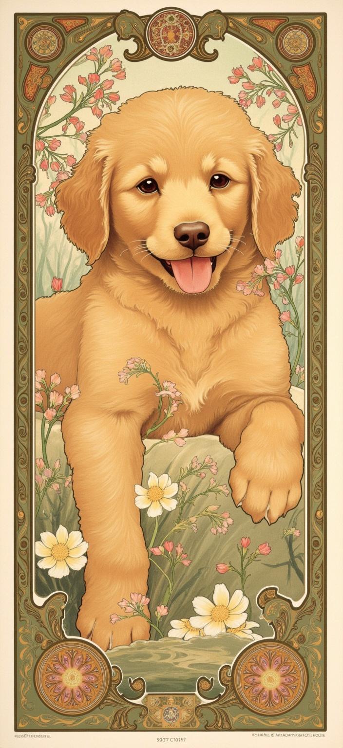 mucha, Subjected to the artful intricacies of a Mucha-inspired masterpiece, the painting centers on an enchanting golden doodle puppy, radiating joy with its warm, expressive eyes and an endearingly playful smile accentuated by its tongue peeking out. The puppy, rendered in flowing, organic lines, exudes a sense of innocence and playfulness that captivates the viewer. Its fluffy golden fur is depicted with delicate colors, highlighting the gentle interplay of light and shadow, adding depth and realism to its adorable visage.

Surrounding the central figure is a lush tapestry of intricate decorative patterns, seamlessly weaving natural motifs such as entwined vines and delicate flowers. These motifs wind gracefully around the puppy, creating a harmonious blend of nature and art that evokes a dreamlike, romantic aesthetic. The background, highly stylized and alive with subtle geometric patterns, further enhances this sense of whimsy and enchantment.

Encapsulating the scene is an elaborate ornamental frame, reminiscent of a grand Gothic window. This sweeping border, adorned with organic patterns, exuberant floral designs, and celestial symbols, serves as both a visual unifier and an imaginative gateway. It invites the viewer into a poetic realm where nature's beauty and the joy of human emotion intertwine, creating a wallpaper that transforms any digital space into a portal to a serene, idyllic world.