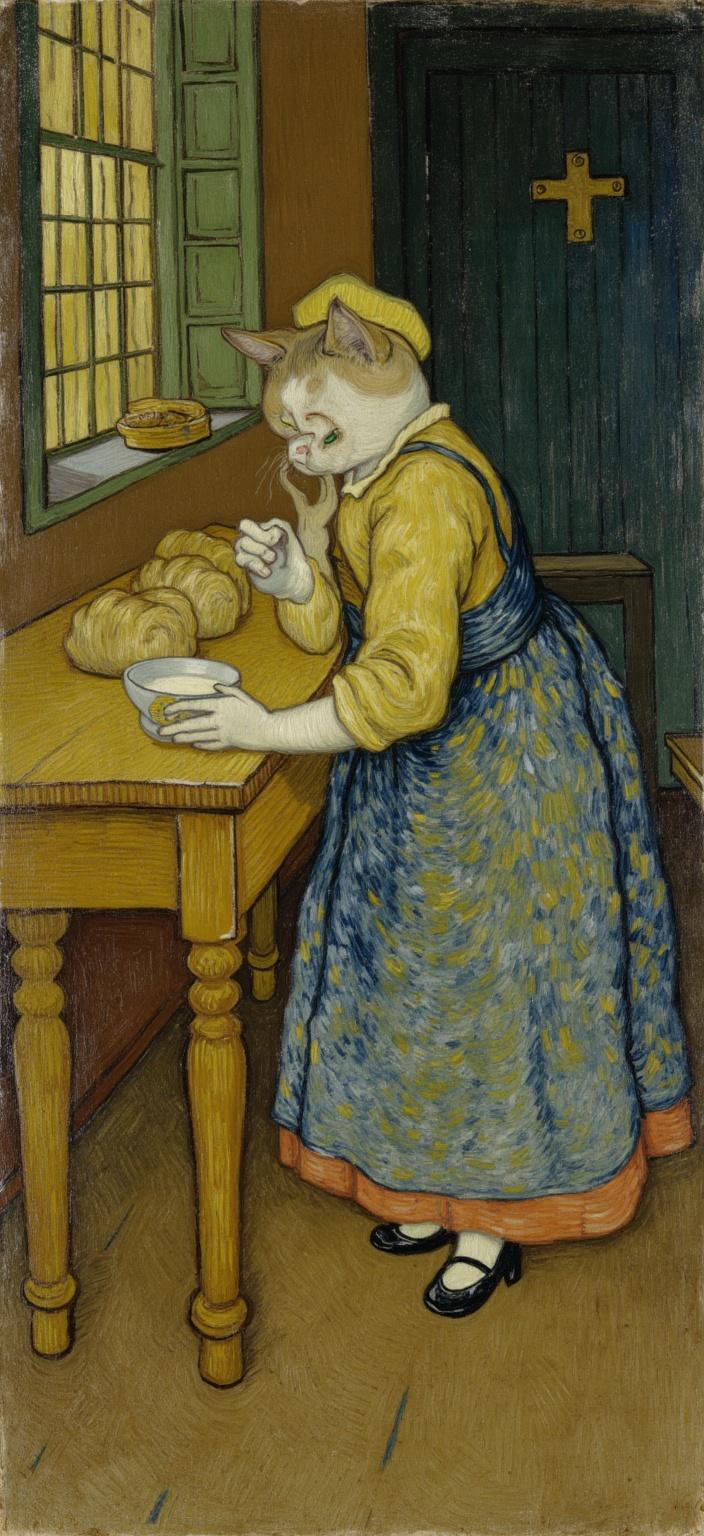 van_gogh, The image is a captivating portrayal of an anthropomorphic cat, masterfully reimagined as Vermeer’s ‘The Milkmaid’. This feline character, with its striking white and orange fur, dons a traditional 17th-century Dutch dress. The attire consists of a vivid blue skirt, a warm yellow bodice, and a pristine white headscarf, all rendered in an intricate style that draws inspiration from the passionate and vivid brushwork known for its intense colors and dynamic compositions.

The scene is set in a quaint kitchen, centered perfectly for a digital wallpaper, ensuring a crisp, clean aesthetic ideal for printing. The cat stands beside a rustic wooden table, its delicate paws gracefully holding a ceramic jug, pouring milk into a ceramic bowl. The table is artfully adorned with freshly baked bread and other kitchen items, each painted with rich, impasto layers that add depth and texture, enhancing the sense of realism.

The natural light filters softly through a small window on the left, casting gentle, expressive shadows across the scene, while the overall color palette employs bold, complementary contrasts of blue and orange, drawing inspiration from expressive compositions to heighten the image’s visual impact. The brushstrokes are vigorous, loose, and swirling, echoing a rhythmic, almost pulsating quality that infuses the painting with motion and emotional depth.

The ambiance exudes warmth and serenity, with the textured brushstrokes and linear patterns conveying a unique life and vibrancy within the artwork. This fusion of classical Dutch realism and a dynamic, emotion-rich style produces a mesmerizing image, both universally compelling and deeply personal, perfect for a digital wallpaper that captures attention and imagination.