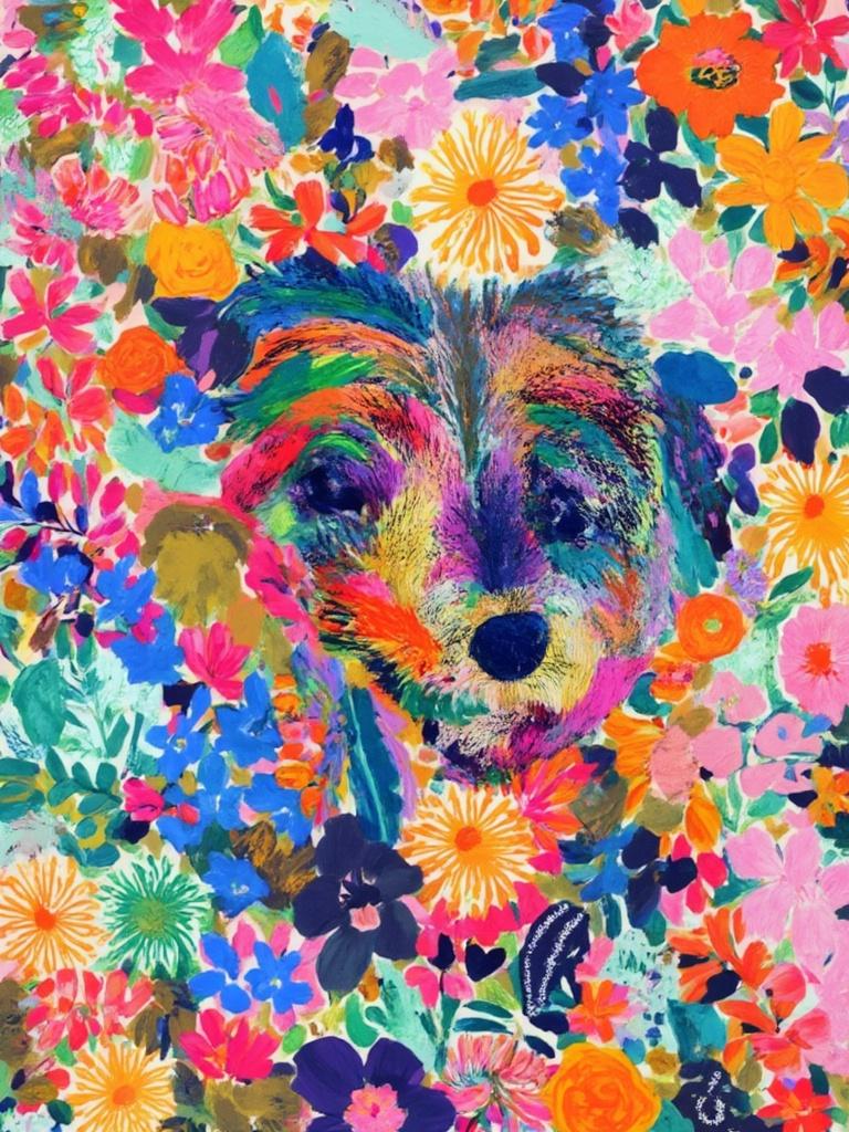colorful_illustration, In the center of the canvas, a lively and joyful dog takes the spotlight, painted in a vibrant and colorful illustration style. The dog is depicted with playful energy, exuding a dynamic presence that feels hand-drawn and full of character. Its fur is an explosion of colors and textures, each brush stroke adding life and dimension. The eyes of the dog are bright and expressive, capturing a sense of curiosity and happiness.

Surrounding the dog, the background bursts into a lively tapestry of organic shapes and scattered decorative elements. Leaves and floral elements are intricately arranged, creating a natural and free-flowing backdrop that feels both lush and harmonious. Each leaf and bloom is painted with precision, adding a touch of elegance and sophistication.

The composition draws inspiration from Scandinavian folk art and mid-century botanical prints, blending bold organic shapes with delicate details. The lavish and decorative style is further enhanced by the inclusion of ornamental elements like dots, swirls, and abstract motifs, which add layers of intrigue and surprise.

Colors are layered luxuriously, creating a rich sense of depth and movement across the canvas. The shapes and patterns radiate outward in a rhythmic flow, inviting the viewer to explore each detail with delight. This intricate design forms a perfect digital wallpaper, offering a crisp and clean look that is suitable for printing, making any space feel vibrant and full of life.