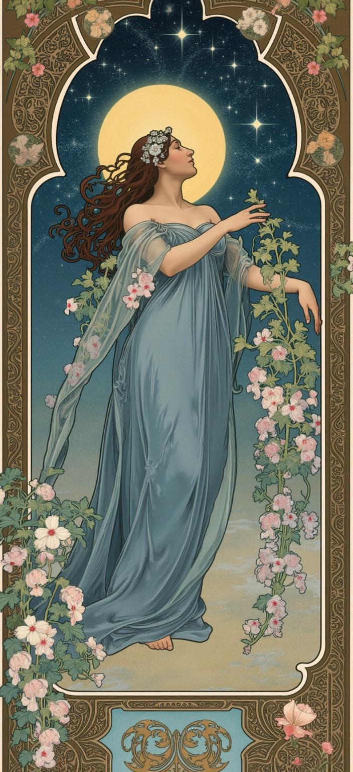 mucha, The image is an enchanting digital wallpaper that captures the essence of a mystical spring night, inspired by the Alphonse Mucha style. At its heart, a mysterious figure is draped in robes of deep blue and shimmering silver, their presence both ethereal and enigmatic. They stand beneath a vast sky, alive with the brilliance of countless stars and dominated by a glowing crescent moon, casting a soft, luminescent glow over the scene.

Surrounding the figure, wisteria and night-blooming jasmine weave gracefully, their delicate blossoms exuding an intoxicating fragrance that seems almost palpable. These natural elements intertwine with the setting, echoing the intricate, flowing motifs of Art Nouveau in their elegant complexity.

The painting is rendered with flowing, organic lines, and the background is a tapestry of intricate decorative patterns. It features a harmonious blend of floral and celestial motifs, drawing inspiration from the dreamlike and romantic aesthetic of Mucha's work. Delicate colors are employed to create a soft, yet vibrant palette that complements the exuberant floral motifs.

Sinuous vines and blooming flowers emerge throughout the composition, intertwined with subtle geometric patterns that add a refined, ornamental quality. Each element is meticulously crafted to create a cohesive visual experience that merges fine art with design.

The entire scene is enclosed within an elaborate ornamental frame, reminiscent of a grand Gothic window. This frame, with its sweeping curves and detailed embellishments, is adorned with organic patterns, flowers, and celestial symbols. It serves as a visual gateway into this dreamlike realm where nature and human emotion seamlessly intertwine in poetic harmony.

This digital wallpaper, designed with precision and elegance, offers a crisp, clean look that would adorn any digital device beautifully, transforming ordinary screens into portals to a world of mysticism and beauty.