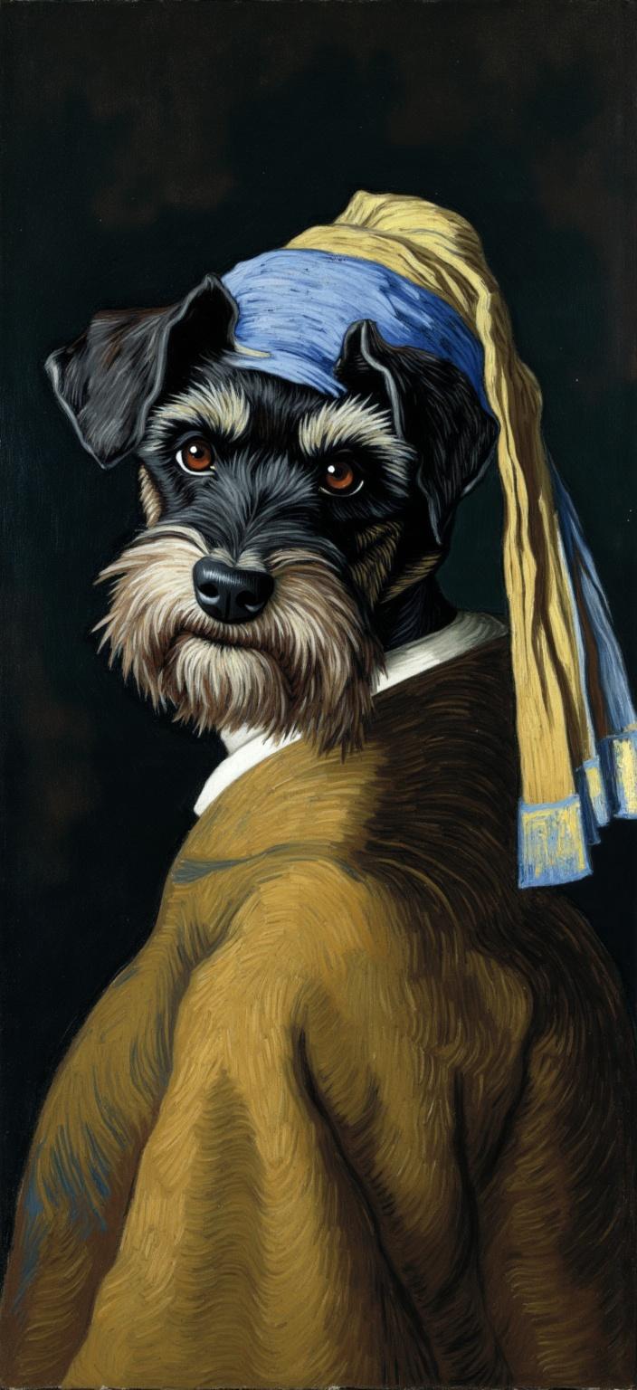 van_gogh, Create a captivating digital wallpaper featuring a Schnauzer dog portrayed in the style of Vermeer’s ‘Girl with a Pearl Earring’. The painting combines the elegance of Dutch Baroque with the dynamic flair of expressive brushwork, resulting in a piece that is both timeless and contemporary. The Schnauzer, with its iconic fluffy black and white beard, exudes an air of nobility and grace. Its soulful eyes, rendered with delicate attention to detail, draw the viewer into a realm of whimsy and charm.

The dog is positioned in a classic three-quarter pose, its posture echoing the poise of a historical muse. It is adorned in a rich brown-gold cloak, which cascades over its form with a sense of luxurious texture. A blue and cream headscarf, draped elegantly over its head, adds a touch of softness, contrasting beautifully with the Schnauzer’s textured coat.

The background of the image is dark and moody, inspired by the chiaroscuro technique, which highlights the dog’s expressive face. Soft lighting envelops the scene, casting gentle shadows that add depth and intimacy. This nuanced play of light and shadow mimics the techniques of Vermeer, while also integrating the vibrant and dynamic qualities of expressive artwork.

Employing bold, impasto layers of paint, the artist creates a thick texture that lends a tactile quality to the piece. Vivid, rich colors—particularly contrasting tones of blue and orange—are applied to heighten the visual impact and intensity of the composition. Energetic, swirling brushstrokes bring a rhythmic and pulsating quality to the wallpaper, making it feel alive and full of motion.

Overall, this digital wallpaper stands as a testament to raw emotion and artistic urgency, appealing to a wide audience with its universal charm and personal appeal. It is designed to be the perfect centerpiece, bringing elegance and a touch of whimsy to any digital display.