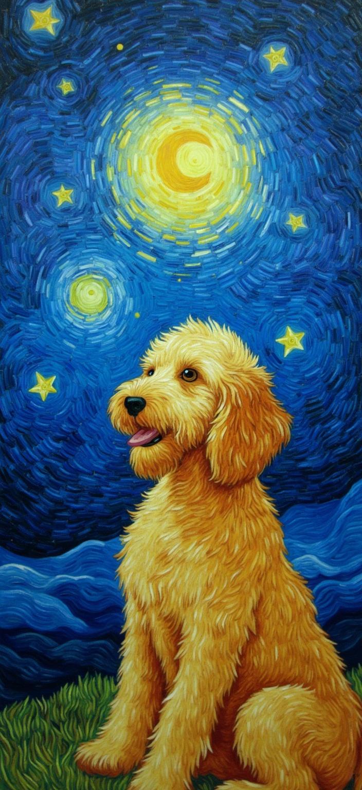 van_gogh, Enriched prompt:

A captivating painting features a small golden doodle intently gazing at the starry night, each star twinkling vividly in the expansive sky. The night scene is infused with intense color and dynamic brushwork, drawing inspiration from the vibrant style of Van Gogh. The sky is a swirling symphony of deep blues and radiant yellows, with stars painted in thick, impasto strokes that create a sense of movement and emotional depth. The golden doodle, with its curly fur shimmering in soft moonlight, stands out amidst the bold complementary contrasts of blue and orange. Its fur is rendered with loose, energetic brushstrokes, echoing the swirling patterns in the sky, and enhancing the pulsating quality of the scene. The composition is centered, creating a crisp, clean look perfect for a digital wallpaper, inviting viewers into a world of intense emotion and universal beauty, where the boundary between earth and cosmos blurs in a dance of color and light.