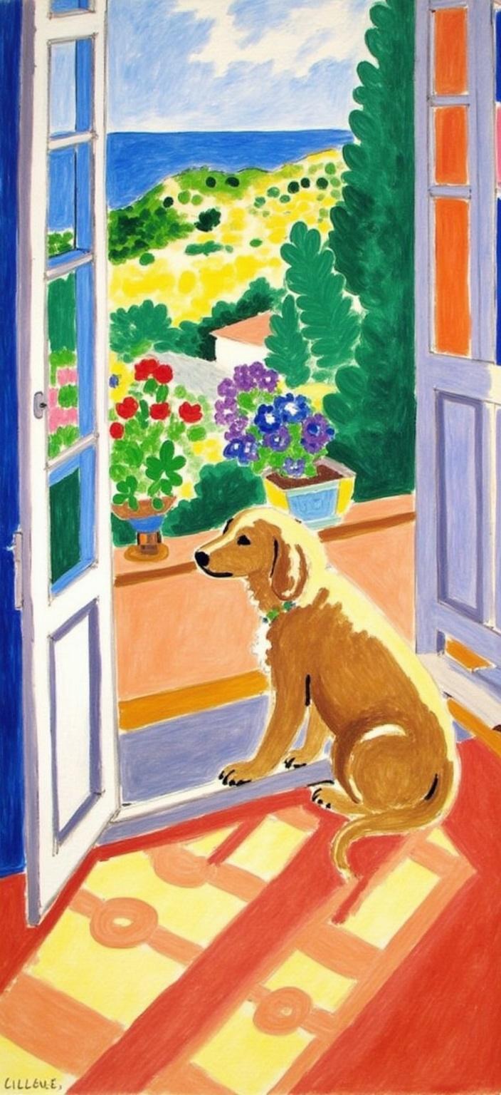 mattise_nice, A vibrant painting inspired by the "Matisse in Nice" style, featuring a heartwarming scene of a golden doodle gazing intently at the picturesque view outside a large, sunlit window. The room is bathed in warm, soft colors reminiscent of the French Riviera, with sunlight streaming through the window, casting playful patterns on the floor. Outside, a serene garden blooms in a riot of colors, with bright flowers and lush greenery, creating a lively contrast to the interior's tranquil ambiance. The golden doodle, central to the composition, is painted with intricate detail, its fur capturing the light in soft, warm hues of gold and caramel. The scene is designed to be perfectly centered, ensuring a crisp, clean look that makes it ideal for digital wallpaper, inviting viewers to lose themselves in this peaceful yet vibrant moment.