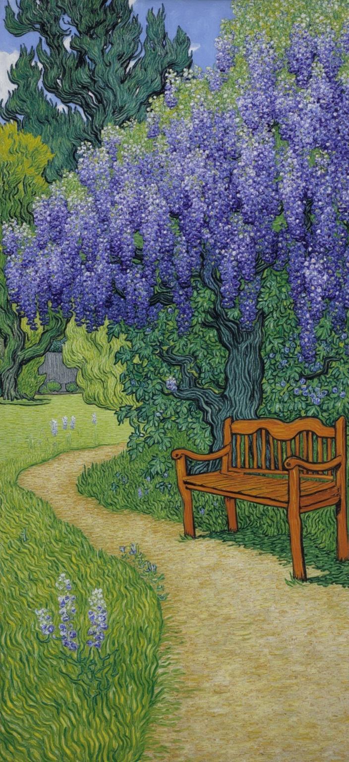 van_gogh, In a serene garden setting, a tranquil scene unfolds with a charming garden bench situated beneath a cascading curtain of blossoming wisteria. The delicate lavender and violet blooms drape gracefully, creating a natural canopy that filters the sunlight into a gentle, dappled glow. The ambiance is serene and timeless, capturing the essence of a vintage Japanese garden.

Painted in a style inspired by intense color and dynamic brushwork, this artwork bursts with vivid, rich colors applied in luscious, impasto layers. The wisteria's vibrant hues of purple contrast boldly against the surrounding lush greenery, drawing the eye with dramatic intensity. The background is alive with complementary colors, featuring a dance of deep blues and warm oranges that highlight the natural beauty and tranquility of the scene.

The brushstrokes are loose and energetic, swirling in rhythmic, flame-like patterns that imbue the painting with a sense of movement and life. These vigorous, linear patterns add a pulsating quality, as if the breeze itself is woven into the canvas. This dynamic touch gives the scene an emotional depth, inviting the viewer to feel the quiet urgency of nature’s fleeting beauty.

As a digital wallpaper, the image is impeccably centered, ensuring a crisp, clean look that perfectly adorns any screen. This artwork is not just a window into a peaceful garden but an emotional exploration, infusing the digital space with both personal and universal resonance, making it an exquisite addition to any digital collection.