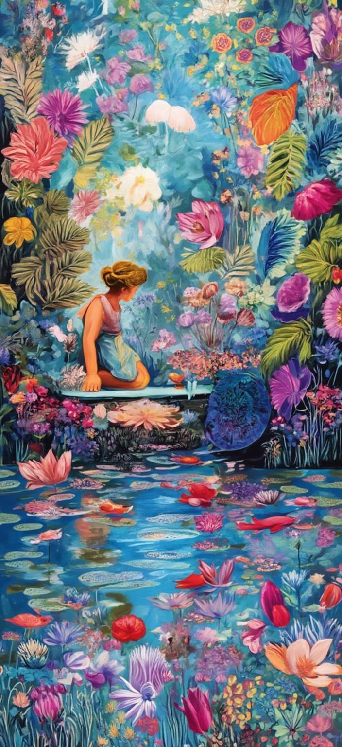 colorful_illustration, Enriched prompt: In the center of the painting, a peaceful fairy delicately kneels beside a tranquil lily pond, her fingers gently touching the water's surface. Around her, vibrant koi fish meander gracefully, their scales glistening with a kaleidoscope of colors. Lotus blossoms float serenely on the pond, their petals unfurling in soft pinks and whites. The fairy's reflection in the water forms a mesmerizing mirrored Art Nouveau pattern, adding a touch of elegance and symmetry. 

This scene is rendered in a style that exudes a vibrant and colorful illustration, characterized by a playful yet dynamic hand-drawn feel. The background is adorned with organic shapes, and scattered decorative elements, with an ensemble of various leaves and floral motifs harmoniously arranged across the canvas. These elements contribute to a natural, free-flowing quality, echoing the lavish decorative style.

Intricate compositions blend bold organic shapes with delicate details, featuring ornamental elements like swirling dots and abstract motifs. The luxurious layering of colors and patterns breathes life into the scene, creating a sense of depth and movement. The artistic aesthetic draws inspiration from Scandinavian folk art and mid-century botanical prints, marked by organic shapes and radial floral patterns that craft a harmonious, hand-drawn feel. This artwork is designed with precision and centered thoughtfully to ensure a crisp, clean look, perfect for printing onto a digital wallpaper, transforming any space with its enchanting beauty.