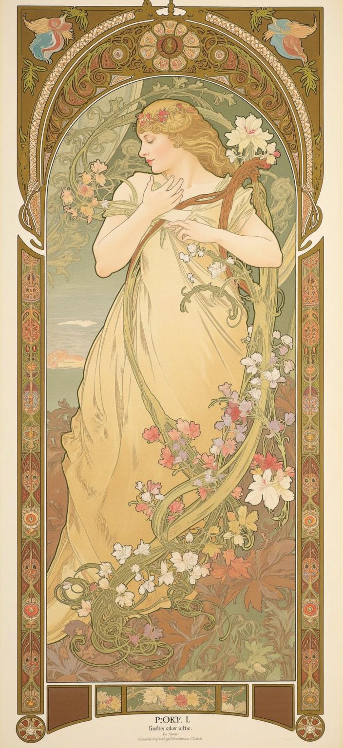 mucha, Enriched prompt: The painting features a graceful cat nestled amidst a garden of wildflowers, encapsulated within an enchanting scene inspired by Mucha's style. The feline, with its elegant posture and serene expression, is enveloped by a cascade of flowing, organic lines and intricate decorative patterns. The composition is dominated by a harmonious blend of entwined vines and blooming flowers, creating an idyllic setting that radiates a romantic, dreamlike aesthetic. The background is a symphony of delicate colors, melding seamlessly into the scene, evoking a sense of tranquility and whimsy. The entire artwork is framed by an elaborate ornamental border reminiscent of a grand Gothic window. This intricate frame, adorned with sweeping curves, organic patterns, and celestial symbols, transforms the painting into a portal inviting viewers to step into a realm where nature's beauty and artistic elegance unite. This richly detailed and harmonious composition is centered perfectly, making it ideal for use as a digital wallpaper, providing a crisp and clean look for any device.