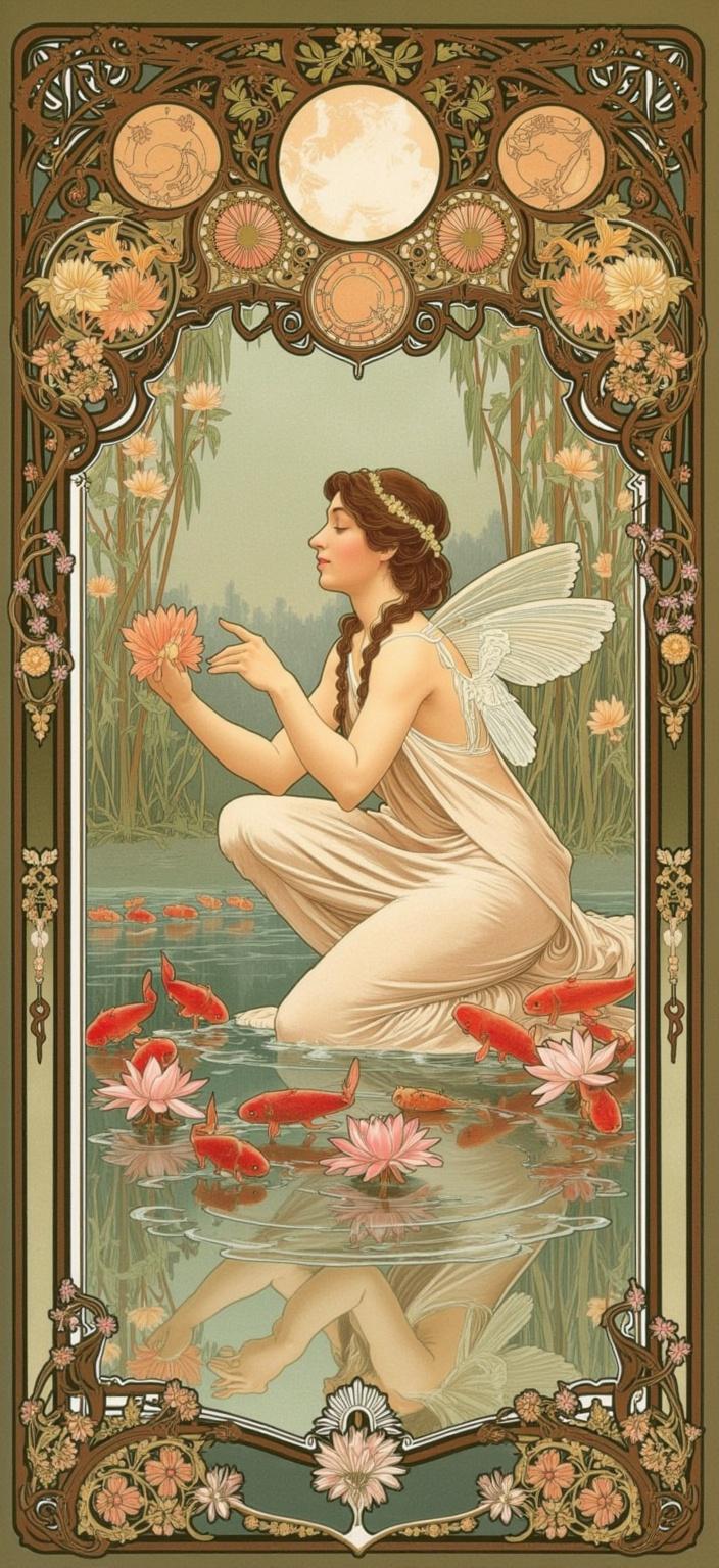 mucha, In the heart of an enchanting, dreamlike landscape, a peaceful fairy kneels gracefully beside a lily pond. Her delicate fingers gently touch the shimmering water, causing ripples that dance across the pond’s serene surface. Surrounding her are vibrant koi fish, their scales reflecting a kaleidoscope of colors, and exquisite lotus blossoms, their petals unfurling in serene, soft hues. The fairy’s reflection forms an intricate Art Nouveau pattern on the water, echoing the harmony and elegance of her ethereal presence.

The scene is painted in a style rich with flowing, organic lines and intricate decorative patterns. The harmonious blend of natural motifs such as flowers, vines, and celestial elements sets a romantic and whimsical atmosphere. Highly stylized backgrounds, inspired by the works of Alphonse Mucha, enhance the composition with a blend of delicate colors and exuberant floral motifs. Sinuous vines intertwine with blooming flowers, and subtle geometric patterns add a refined, ornamental quality to the artwork.

Encircling the entire scene is an elaborate ornamental frame, akin to a grand Gothic window. This intricate border, adorned with organic patterns, flowers, and celestial symbols, serves as both a visual unifier and a gateway into this dreamlike realm. The sweeping curves and detailed embellishments create a poetic harmony where nature and human emotion are perfectly intertwined. This captivating composition is centered to ensure a crisp, clean look, ideal for printing as a digital wallpaper, transforming any space into a portal to an enchanting fairy-tale world.