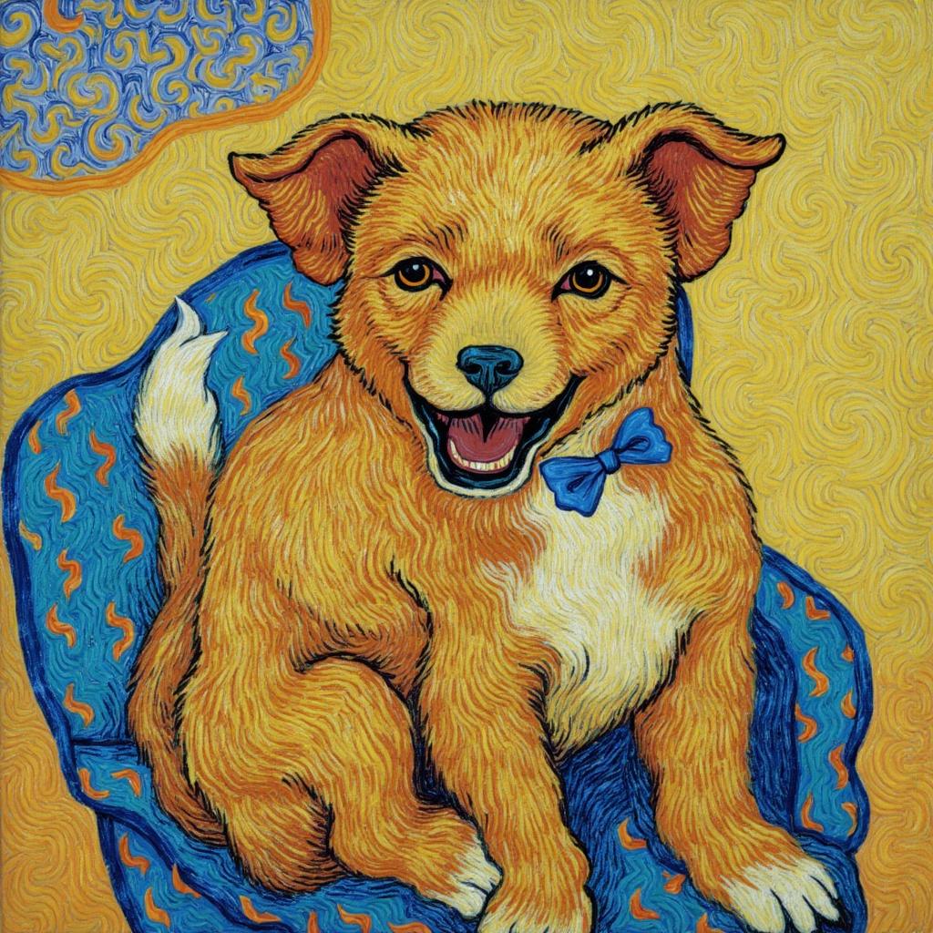 van_gogh, **Enriched Prompt:**

Imagine a vibrant and lively painting centered around a joyful and exuberant dog, brimming with happiness and energy. The scene is brought to life with intense colors and dynamic brushwork, reminiscent of the bold, expressive compositions typically found in post-impressionist artwork. The dog, with its playful demeanor, becomes the focal point of the piece, depicted in vivid, rich hues of orange, yellow, and blues, applied in thick, impasto layers that convey a sense of dynamism and emotional depth.

The background is a tapestry of swirling, energetic brushstrokes and curly, flame-like patterns, rendered in complementary colors such as deep blues and vibrant oranges, or bright yellows contrasted against muted purples. These bold contrasts heighten the visual impact and intensity of the piece, creating an emotionally charged atmosphere that draws the viewer in.

The dog's fur is captured with loose, energetic strokes, giving it a sense of motion and life, almost as if the vibrant colors are pulsating with the dog's happiness. The energetic lines and vigorous, linear patterns are imbued with raw emotion and a sense of urgency, making the artwork not only visually compelling but also deeply personal, resonating with universal themes of joy and companionship.

This painting is designed to be centered, ensuring a crisp, clean look that is perfectly suited for digital wallpaper, offering a dynamic and emotional piece of art that transforms any digital space into a celebration of life and vitality.