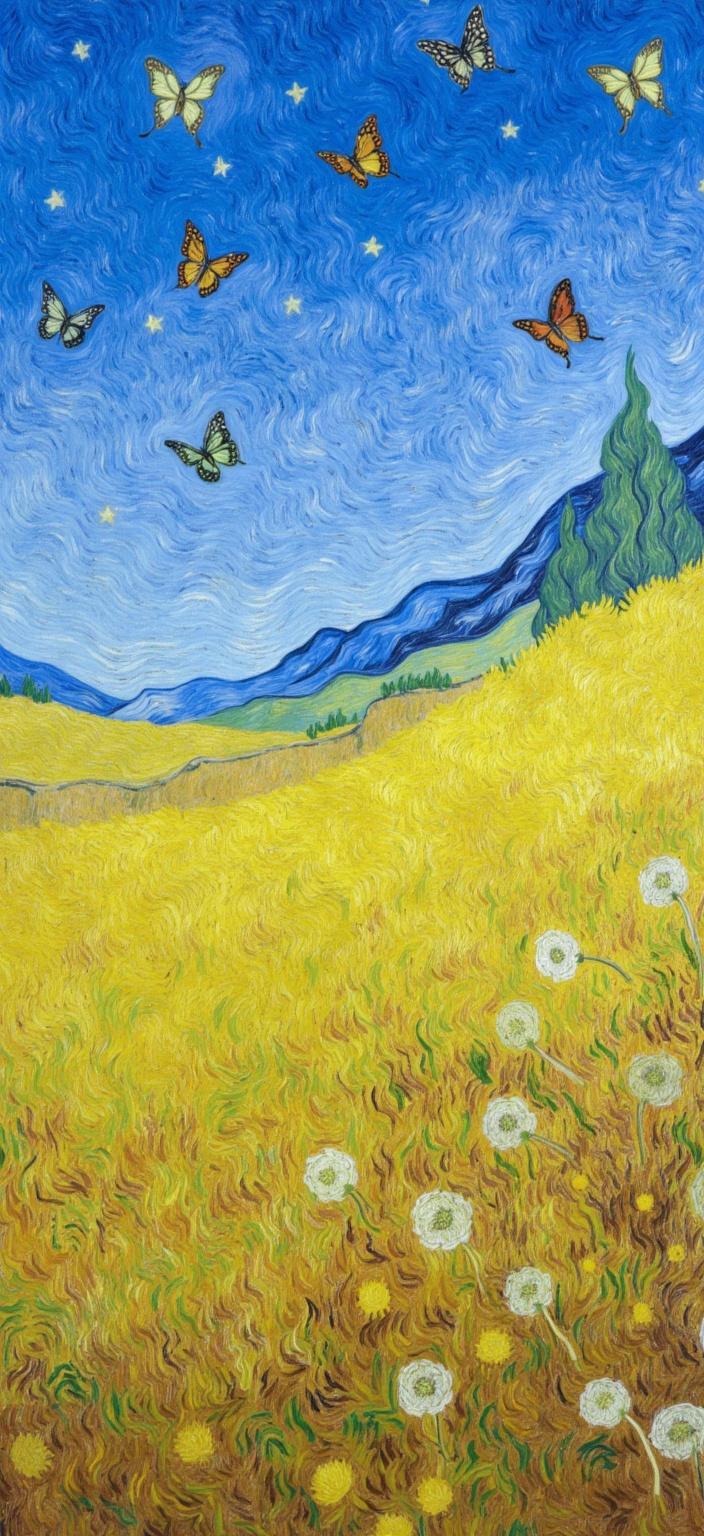 van_gogh, In the heart of a tranquil, soft meadow, an enchanting spectacle unfolds. Butterflies of every imaginable hue dance gracefully through the air, their delicate wings catching the light in a mesmerizing display of colors. Dandelions, with their wispy seeds afloat, drift serenely, adding an ethereal quality to the scene. The dreamy color palette envelops the landscape, mixing pastel tones with vivid splashes of color that evoke a sense of wonder and tranquility.

Inspired by the described style, the painting channels intense color, dynamic brushwork, and bold, expressive compositions. Vivid, rich colors are applied in thick, impasto layers, creating a sense of movement and emotional depth. Bold complementary color contrasts—such as blue and orange, or yellow and purple—heighten the visual impact and intensity, drawing the eye across the painting in an engaging journey. The brushstrokes are loose, energetic, and often swirling, with curly, flame-like patterns that give the scene a rhythmic, almost pulsating quality. This dynamic touch, combined with vigorous, linear patterns, imbues the meadow with a unique sense of motion and life, as if the landscape itself is breathing and alive.

This painting, infused with raw emotion and a sense of urgency, becomes both deeply personal and universally compelling. Centered on the canvas, it ensures a crisp, clean look that is perfectly suited for digital-wallpaper, inviting viewers to lose themselves in its vibrant beauty and dynamic energy.
