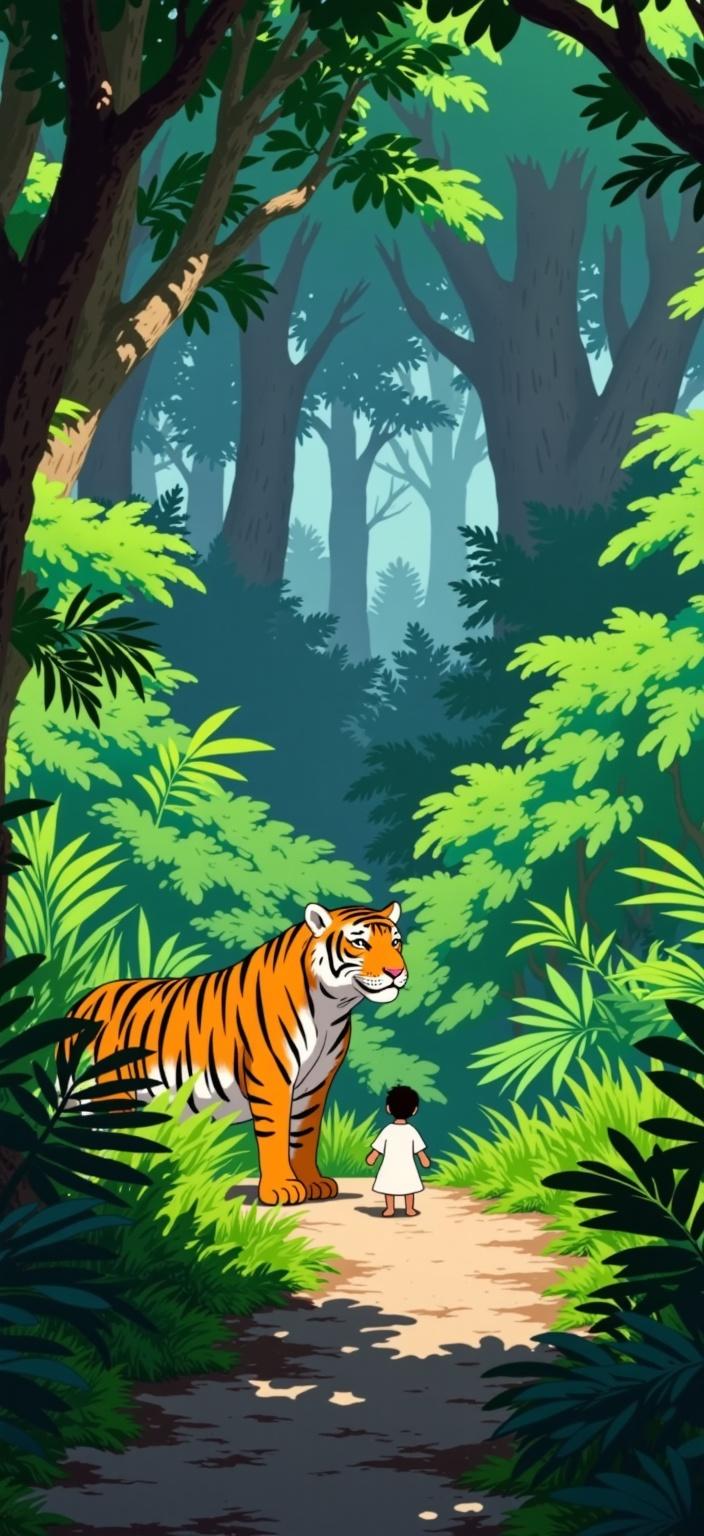 ghibli_illustration, In a dreamy, hand-drawn animation style that evokes nostalgia and warmth, envision a vivid scene set in the heart of a lush, vibrant jungle. The painting centers on a majestic tiger and his master, a wise and serene man, their bond clearly visible through their mutual gaze. The tiger, with its powerful build and striking stripes, stands on the dense jungle floor, surrounded by an array of exotic foliage painted in rich, deep greens that seem almost palpable. The master's gentle demeanor is emphasized through expressive character design, reflected in his kind eyes and relaxed posture, dressed in simple, subtly textured robes that suggest wisdom and experience. 

The background is richly detailed, with light filtering through the canopy, casting soft, natural shadows that create a cozy and inviting atmosphere. The jungle teems with life, from delicate ferns to towering trees, their intricate textures sketched with a soft, painterly touch. This warm lighting bathes the scene in a gentle glow, enhancing the dreamlike, whimsical aesthetic. The colors are vivid yet slightly muted, contributing to the nostalgic quality of the scene, where the boundaries between reality and imagination blur seamlessly. 

Every object, from the pebbled ground to the rustling leaves, is meticulously rendered, inviting viewers to step into this enchanted world. The focus remains crisp on the tiger and his master, who are accurately proportioned and clearly visible, ensuring a captivating and beautifully balanced composition. This enchanting scene is perfect for a digital wallpaper, bringing a sense of joy and tranquility to any space.