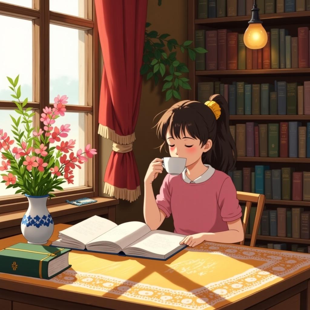 ghibli_illustration, In this enchanting wall-art piece, a young woman is captured in a moment of serene reflection, sitting at a wooden table. The room is bathed in warm, natural light, creating a cozy and inviting ambiance. It feels as if the viewer can almost sense the gentle warmth of the sun streaming through a nearby window, casting soft, elongated shadows across the richly detailed scene.

The central figure, the girl, is portrayed with expressive character design, embodying an air of whimsical joy. Her delicate features are accentuated by subtle pencil sketches and painterly textures, giving her a hand-drawn animation aesthetic. She holds a steaming cup of coffee close to her lips, savoring its aroma with an expression of quiet contentment. Her eyes are slightly closed, adding a dreamy, nostalgic quality to her demeanor.

Surrounding her, the background is alive with richly detailed elements that draw inspiration from everyday life. A beautifully intricate tablecloth with intricate patterns lies beneath her cup, while a vase of fresh wildflowers adds a splash of color and vitality. Each leaf and petal is meticulously rendered, capturing the organic movement of nature.

The room features an assortment of everyday objects, each rendered with care to maintain a tangible, lived-in feel. Books with gently dog-eared pages are stacked haphazardly, a testament to their frequent use. A softly glowing lamp illuminates a corner, its light diffusing gently to prevent harsh contrasts.

The color palette is vivid yet slightly muted, ensuring a cohesive and harmonious visual experience. The artwork embraces soft, painterly textures and subtle imperfections, celebrating the beauty of hand-drawn craftsmanship. This painting is designed to evoke a sense of nostalgia and whimsy, making it a perfect addition for wall art, where it can invite viewers into its dreamlike world and inspire a moment of pause and reflection.