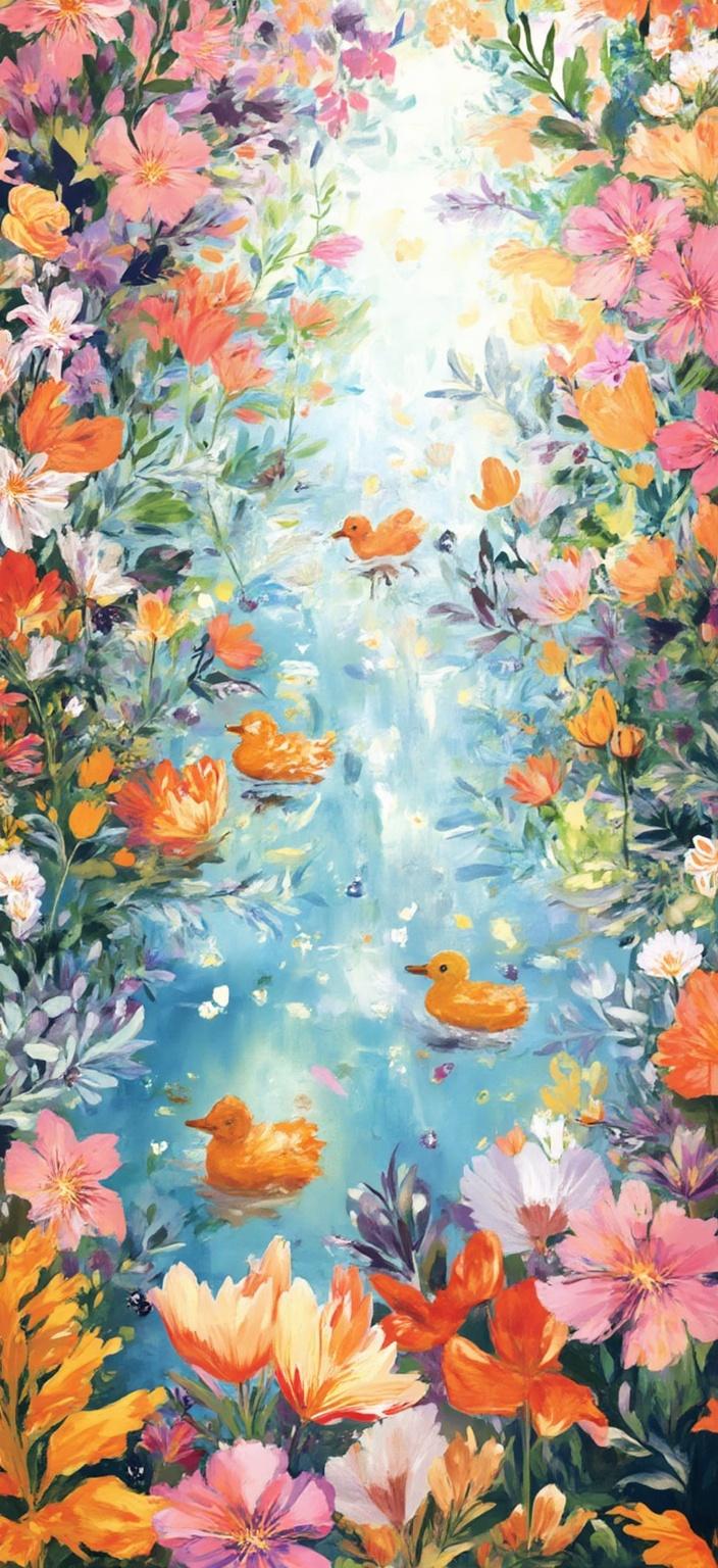 colorful_illustration, In the digital wallpaper, a serene and captivating scene unfolds where gentle ripples dance across a placid water surface, gracefully dispersed with soft, pastel-hued flower petals drifting serenely. This idyllic moment is interrupted by a delightful family of ducklings, paddling playfully through the scene, their delicate forms cutting through the water with innocent exuberance. The scene is painted in a vibrant and colorful illustration style that breathes life into the image, infusing it with a playful and dynamic, hand-drawn feel. 

The background bursts with energy, adorned with an array of organic shapes and scattered decorative elements that meander whimsically across the canvas. Various leaves and floral motifs are harmoniously arranged, contributing to a natural, free-flowing quality that enhances the tapestry of the scene. 

The lavish, decorative style invites the eye to wander, as intricate compositions blend bold, organic shapes with delicate, intricate details. Scattered throughout are ornamental elements like dots, swirls, and abstract motifs that add an additional layer of interest. The luxurious layering of colors and patterns creates a sense of depth and movement, inviting the viewer to lose themselves in the scene. 

The organic shapes and patterns echo a harmonious, hand-drawn feel that is reminiscent of Scandinavian folk art and mid-century botanical prints. This intricate design is perfectly centered, providing a crisp, clean look that makes it ideally suited for a digital wallpaper, ensuring every detail is beautifully captured and ready for your viewing pleasure.
