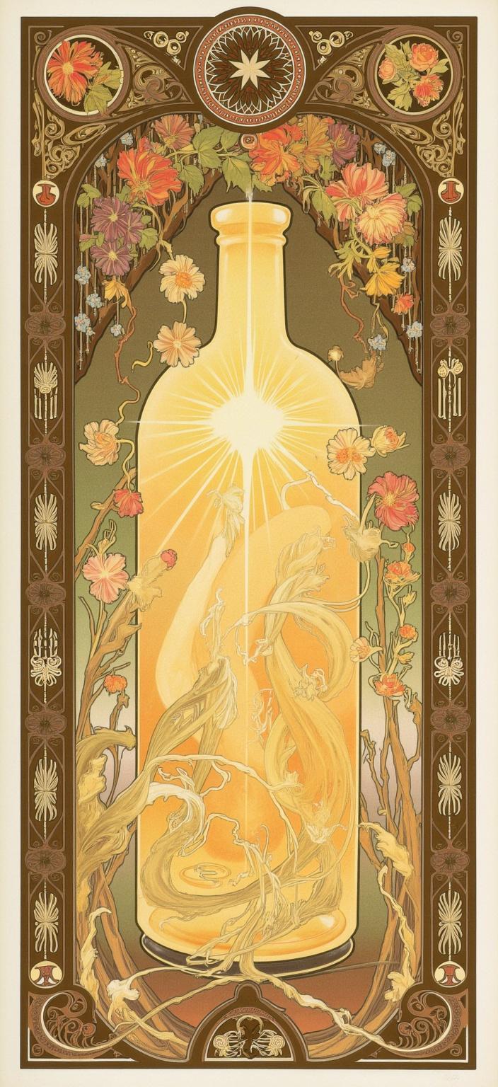 mucha, Title: "Ethereal Captivation"

Description: In the captivating artwork "Ethereal Captivation," a mesmerizing scene unfolds at its center—a luminous star radiantly glows within the confines of a delicate glass bottle, suspended in an enchanting moment of wonder. Painted in a style inspired by Alphonse Mucha, the composition is a symphony of flowing, organic lines interwoven with intricate decorative patterns that evoke an otherworldly sense of beauty.

The star, with its radiant light, casts a gentle, golden hue that dances across the surface of the bottle, illuminating the surrounding scene with a soft, ethereal glow. Encasing this celestial wonder is a blend of natural motifs, including cascading vines and blooming flowers, which seem to spring forth as if drawn by the star's magnetic allure. These elements, rendered with Mucha’s signature blend of delicate colors and exuberant floral motifs, create a harmonious tapestry where nature and dream converge.

Set against a highly stylized background, the artwork evokes a dreamlike, romantic aesthetic. Subtle geometric patterns interplay with the sinuous vines and vibrant blooms, guiding the viewer's gaze towards the radiant star at the heart of the composition. This balance of fine art and design is further enriched by a refined, ornamental quality, enhancing the piece's visual allure.

The entire scene is enclosed within an elaborate ornamental frame, reminiscent of a grand Gothic window. Its sweeping curves and detailed embellishments are adorned with organic patterns, flowers, and celestial symbols, serving as a gateway into a poetic realm where nature and human emotion intertwine. This intricate border not only unifies the composition but also invites the viewer to step into a dreamlike world of artistic wonder.

The final piece, centered and meticulously crafted, ensures a crisp, clean look suitable for printing as a digital wallpaper, transforming any space into a haven of beauty and inspiration.