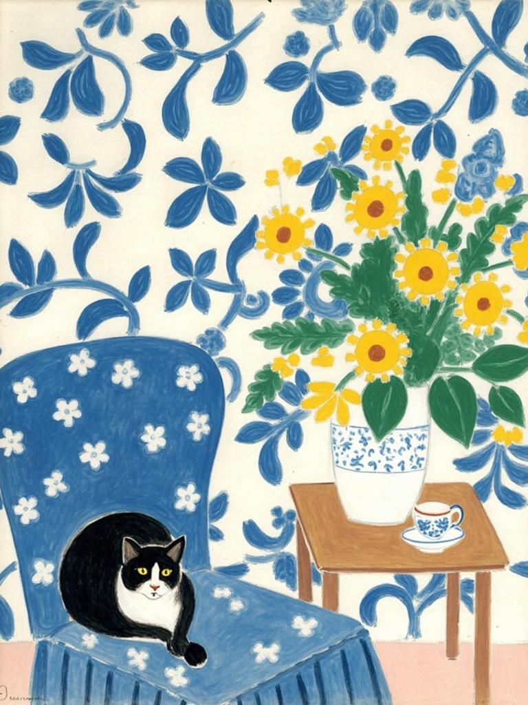 mattise_nice, In the style of "Matisse in Nice," envision a cozy interior scene that captures an essence of warmth and artistic whimsy. At the heart of the image, a plush blue armchair adorned with enchanting floral prints invites relaxation. Comfortably nestled on the chair is a black and white cat, its serene presence adding a touch of domestic tranquility to the setting. The backdrop is a stunning display of ornate blue-and-white floral wallpaper, reminiscent of Matisse’s love for decorative patterns, creating a harmonious continuity between nature and design.

A striking contrast is introduced by a large ceramic vase, its smooth surface embellished with intricate details, holding exuberant yellow pom-pom flowers that stand out boldly against the blue hues. Adding to this eclectic yet cohesive composition, a small wooden coffee table is carefully positioned in front of the chair. It supports a delicate arrangement of a cup and saucer with a teapot, all meticulously crafted in a timeless blue and white porcelain design, echoing the theme and palette of the room.

This flat, naive illustration exudes elegance through simplicity, evoking a Matisse-inspired ambiance that seamlessly blends artistic charm with whimsical flair. The entire composition is centered purposefully, ensuring a crisp and clean aesthetic ideal for transforming into a digital wallpaper, bringing a hint of refined yet playful sophistication to any space.