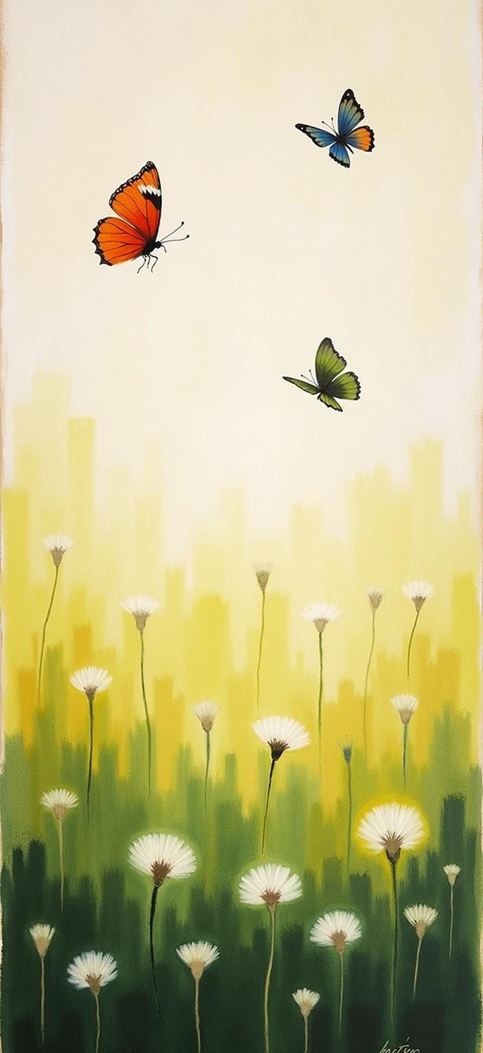rothko, The painting unfolds a serene and enchanting scene of a soft meadow where countless butterflies flutter gracefully amidst the delicate floating dandelions. The dreamy color palette imbues the landscape with a sense of ethereal beauty and tranquility. Drawing inspiration from a style characterized by complex layering of translucent colors, the artwork captures the essence of light filtering gently through the scene, bestowing an “inner light” and remarkable luminosity to the composition. At a close glance, the colors appear to melt and fuse together, with blurred boundaries seamlessly blending the butterflies and dandelions into the meadow’s lush greenery. As you step back, the soft-edged forms of butterflies and dandelions hover weightlessly, much like floating zones of color suspended in the air. The richly varied surface of the artwork witnesses paint drips and strokes that defy conventional directions, contributing to a dynamic yet harmonious visual experience. This centered composition ensures a crisp, clean look, perfectly suited for digital wallpaper, where its enchanting details and dreamy atmosphere can be admired in any space.