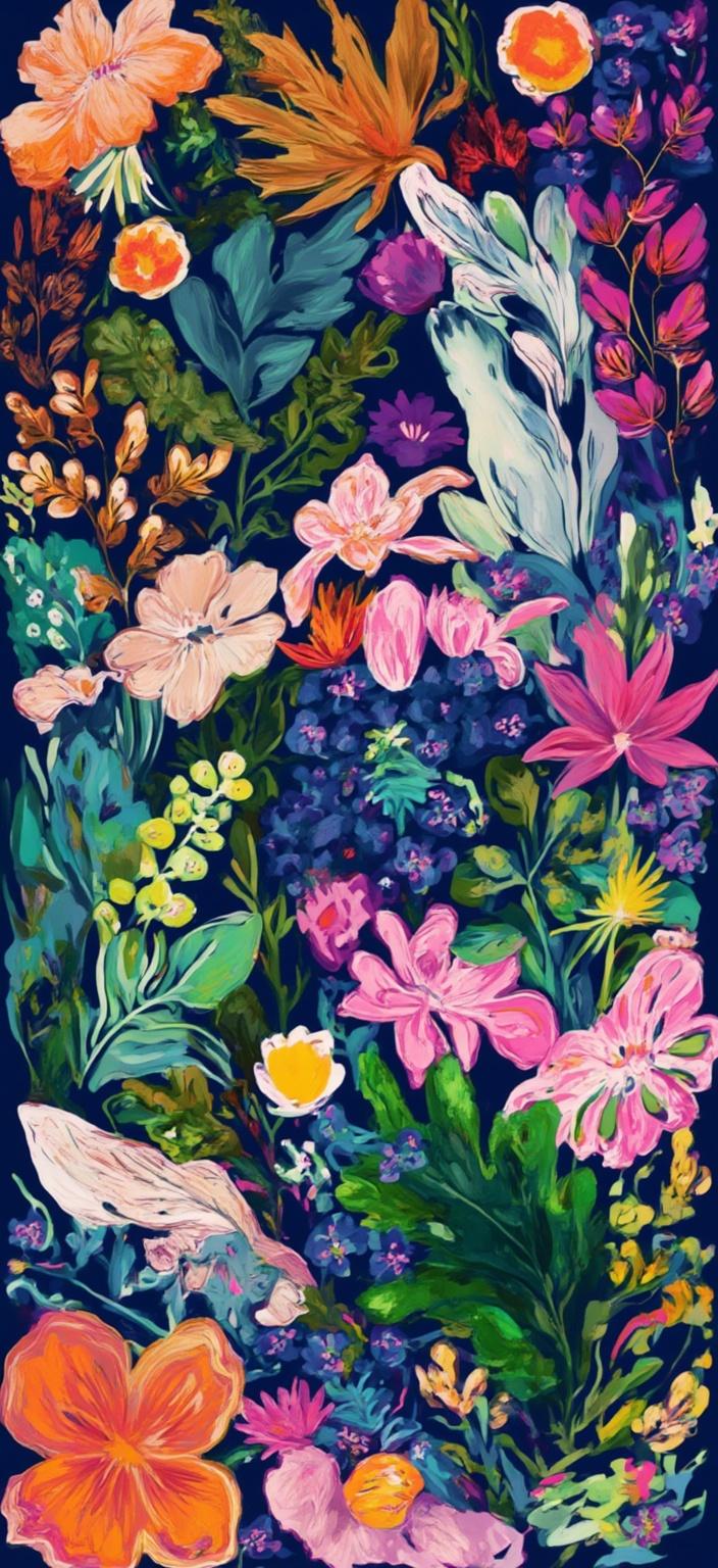 colorful_illustration, Enriched prompt: Imagine a close-up view of an enchanting forest scene, painted in a vibrant and colorful illustration style that exudes a playful and dynamic, hand-drawn feel. The artwork is a celebration of nature's splendor, capturing the lush tapestry of the forest. The composition is centered, ensuring a crisp and clean look that makes it ideal for digital wallpaper. In the foreground, an array of verdant leaves, intricately detailed, seem to dance playfully, their edges tinged with hints of gold and emerald. Scattered throughout, delicate floral elements peek out, each petal painted with a luxurious layering of colors, from soft pinks to deep violets, creating a dynamic sense of depth and movement.

The background is a mesmerizing blend of organic shapes, interwoven with whimsical ornamental elements such as swirls, abstract motifs, and decorative dots, all pulsing with energy. The layering of colors and patterns evokes the lavish, decorative style reminiscent of Scandinavian folk art and mid-century botanical prints. This intricate composition harmoniously blends bold, sweeping forms with delicate, detailed touches, inviting the viewer to get lost in its natural beauty. The artwork encapsulates the essence of a thriving, vibrant forest, a living canvas that breathes with life, perfectly suited for a digital wallpaper that transforms any space into a serene, nature-inspired retreat.