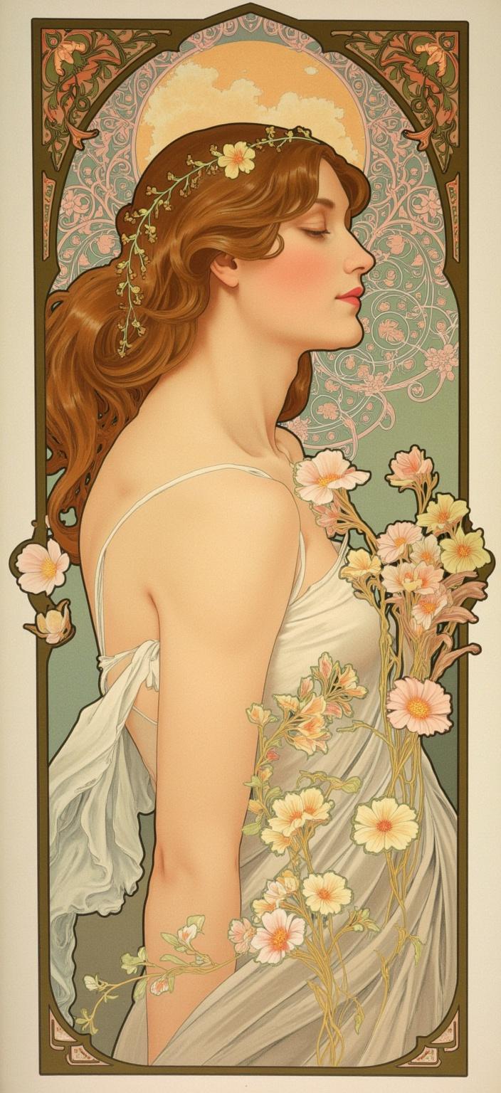 mucha, In this captivating digital wallpaper, we are presented with a portrait of a woman facing the camera, exuding an aura of elegance and mystery. She wears a delicate necklace that catches the eye with its intricate design. The painting is infused with the essence of Mucha's style, showcased through flowing, organic lines that trace the contours of her serene expression and cascade into her auburn hair, which is adorned with delicate flowers and vines, symbolizing a harmonious connection with nature.

Her attire, though not elaborate, is subtly accented with decorative patterns that echo the elegant motifs of Art Nouveau, creating a visual rhythm that draws the viewer deeper into the artwork. The backdrop is a dreamlike tapestry of celestial elements—ethereal stars and gentle moonbeams—that seamlessly merge with a highly stylized background of swirling mists and ornate, geometric patterns, evoking a sense of romantic nostalgia.

The composition is further enriched by a vibrant palette of delicate colors, where soft pastels and earthly tones converge, casting an enchanting glow that envelops the entire scene. Exuberant floral motifs composed of sinuous vines and blooming flowers weave through the composition, enhancing its refined, ornamental quality.

Encompassing the scene, an elaborate ornamental frame, reminiscent of a grand Gothic window, encloses the artwork. This intricate border, adorned with ornate curves, organic patterns, and celestial symbols, serves as both a visual anchor and a gateway into this ethereal realm. Here, nature and human emotion intertwine in poetic harmony, creating a timeless piece that transforms any digital device into a portal to a dreamlike world. This digital wallpaper is not only a piece of art but a statement of beauty and elegance, perfect for anyone seeking to elevate their screen with a touch of classic sophistication.