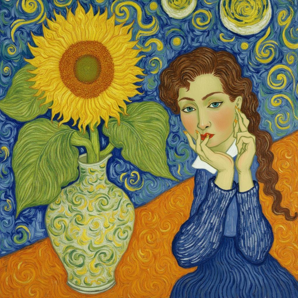 van_gogh, In the heart of the image, a breathtaking composition unfolds, capturing a sense of dynamic elegance and emotional depth. A radiant sunflower, with its golden petals unfurling like a sunburst, sits proudly in a delicately crafted vase. The vase, adorned with intricate patterns, echoes the swirling, energetic brushstrokes that define the overall scene. Standing gracefully beside the vase is a young girl, her expression both serene and enigmatic. She wears a pearl earring, its lustrous sheen catching the light in a way that complements the fiery, impasto layers of paint, reminiscent of glowing embers.

The background is a symphony of vivid, rich colors—blues and oranges clash boldly with yellows and purples, creating a striking contrast that heightens the visual impact. The entire scene seems to pulsate with life, the brushwork dynamic and swirling, suggesting movement and a vibrant rhythm. The loose, flame-like patterns in the brushstrokes lend an almost three-dimensional quality, drawing the viewer into this immersive world of color and emotion.

This painting exudes an aura of raw emotion and urgency, making it not only a visual treat but also a deeply personal and universally compelling artwork. The composition is carefully centered to ensure a crisp, clean look, perfect for printing onto a digital wallpaper, allowing the artwork's intense color and emotional depth to transform any space it adorns.