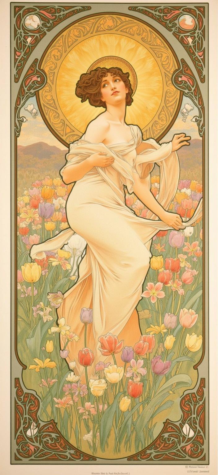 mucha, In the enriched art painting, imagine a captivating scene where a goddess-like figure emerges gracefully from a lush bed of vibrant tulips and delicate crocuses. Her presence exudes an aura of rebirth and vitality, symbolic of springtime energy. A resplendent golden halo encircles her head, radiating Art Nouveau sun rays that seem to dance around her, casting a warm, ethereal glow.

Her flowing gown, adorned with intricate decorative patterns, blends harmoniously with the natural motifs surrounding her. Sinuous vines and blooming flowers wrap around her form, creating an enchanting connection between the divine and the earthly. The soft, yet vivid palette draws inspiration from Alphonse Mucha's signature delicate colors, weaving exuberant floral motifs into the very essence of the painting.

The background is a dreamlike tapestry of finely stylized elements, featuring gentle celestial symbols that drift amidst a romantic atmosphere. The composition is beautifully framed within an elaborate ornamental border, resembling a grand Gothic window. This intricate frame, adorned with sweeping curves and delicate embellishments, cradles the artwork with its organic patterns, flowers, and celestial symbols, inviting viewers into a poetic realm where nature and human emotion are intertwined.

This stunning painting is centered perfectly to ensure that it translates into a crisp, clean digital wallpaper, making it an ideal choice for enhancing any digital space with its timeless beauty and enchanting allure.
