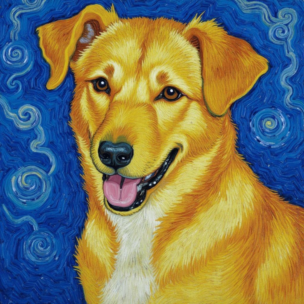 van_gogh, Create a vibrant and emotionally captivating painting centered around a happy dog, using the intense color and dynamic brushwork style described. The painting should feature vivid, rich colors applied in thick, impasto layers to capture the joy and vitality of the dog. Utilize bold complementary color contrasts, such as blue and orange or yellow and purple, to heighten the visual impact and intensity. The brushstrokes should be loose, energetic, and swirling with curly, flame-like patterns that create a rhythmic, pulsating quality, conveying a sense of motion and life. The composition should be infused with raw emotion and a sense of urgency, making the artwork both deeply personal and universally appealing, while ensuring a crisp, clean look ideally suited for a digital wallpaper. The dog's happiness should radiate throughout the piece, evoking warmth and positivity, ready to transform any space into a lively and cheerful environment.