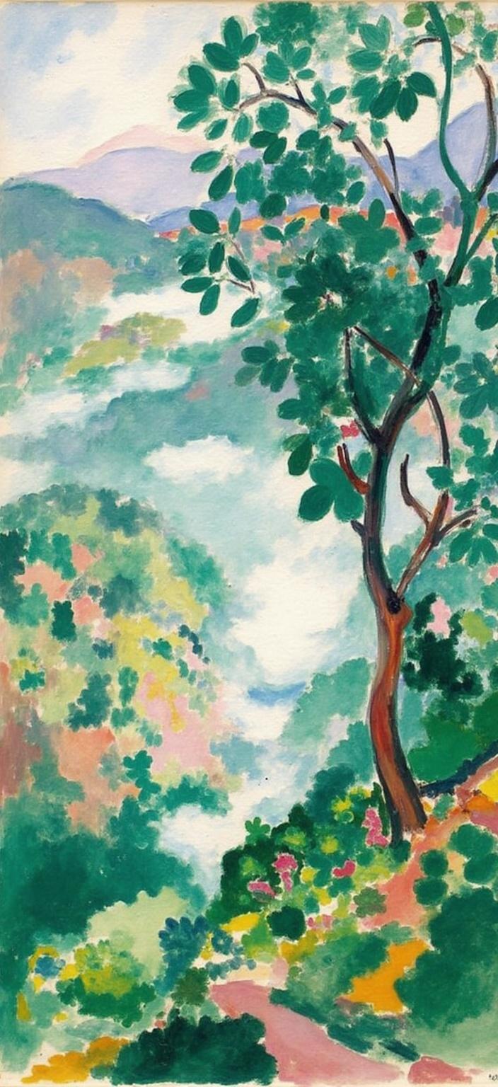 mattise_nice, The painting captures a serene and enchanting scene of a mist-laden lush green valley, evoking a sense of tranquility and meditation. The valley is filled with an abundance of blossoming trees, their vibrant blooms creating a tapestry of color and life amidst the gentle haze. The mist weaves through the landscape, softening the contours and adding an ethereal quality to the scene. Inspired by Matisse's time in Nice, the painting employs a vivid and expressive use of color, bringing a dynamic yet harmonious contrast to the lush greenery and delicate blossoms. The style reflects an interplay of bold shapes and fluid lines, capturing the joie de vivre and the serene beauty of nature. The composition is centered, with the valley unfolding symmetrically around the viewer, inviting tranquility and contemplation. This artwork is perfectly crafted for digital wallpaper, presenting a crisp, clean look that is both calming and visually striking, bringing a sense of peaceful refuge to any space.