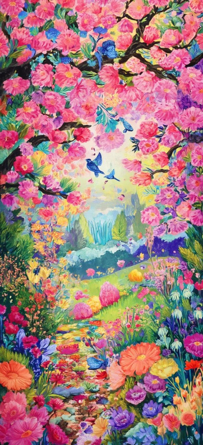 colorful_illustration, Enriched prompt: 

Imagine a vibrant and colorful illustration capturing the essence of pink cherry trees in full bloom, their branches gracefully arching over a serene path. The scene is animated with tiny sparrows and bluebirds, either perched delicately on the branches or caught mid-flight, bringing life to the tranquil setting. As delicate petals gently fall, they add a sense of gentle motion and tranquility. This painting draws inspiration from a lavish decorative style, blending intricate compositions with bold organic shapes. The canvas is beautifully adorned with scattered ornamental elements such as dots, swirls, and abstract motifs, which add layers of depth and movement to the piece.

The background is a tapestry of organic shapes and scattered decorative elements, harmoniously interwoven with various leaves and floral elements. This creates a natural, free-flowing quality in the design, evoking a playful, dynamic, hand-drawn feel. The luxurious layering of vibrant colors and patterns reflects a sense of depth and movement, reminiscent of Scandinavian folk art and mid-century botanical prints. The central focus ensures a crisp, clean look, making it perfectly suited for digital wallpaper. This art piece invites the viewer into a whimsical world where nature’s splendor is captured in a delightful play of colors and patterns.