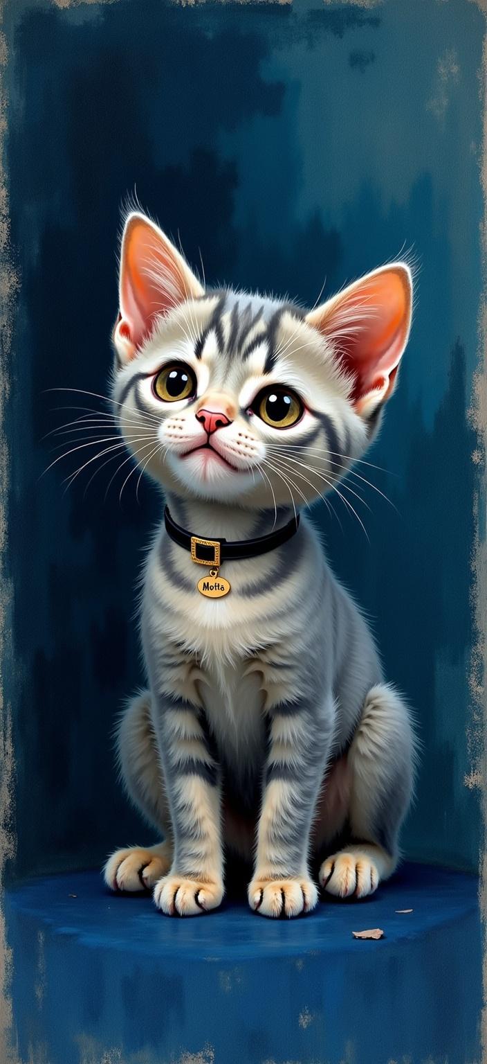 rothko, Create an enchanting digital painting centered on a tender, entirely gray kitten, its almond-shaped eyes exuding warmth and curiosity. Around its neck, a delicate collar displays the name "Motita," adding a personal touch to this captivating scene. The background is an immersive dark blue, textured with streak-like grooves, reminiscent of brushstrokes in a masterful abstract composition.

This artwork draws inspiration from a style characterized by the complex layering of translucent colors, allowing light to filter through and impart a sense of “inner light” and remarkable luminosity. Up close, the painting reveals colors that seem to melt and fuse together, lacking defined boundaries, creating a harmonious blend. However, from a distance, the scene transforms, with soft-edged forms and serene rectangles that appear to hover weightlessly within the canvas. These floating zones of color are interspersed with rich, varied surfaces where drips or strokes of paint meander in unexpected directions, enhancing the overall texture and depth.

Designed as a digital wallpaper, this painting ensures a crisp and clean look, perfectly suited for display, capturing the viewer's imagination with its ethereal play of light and color.