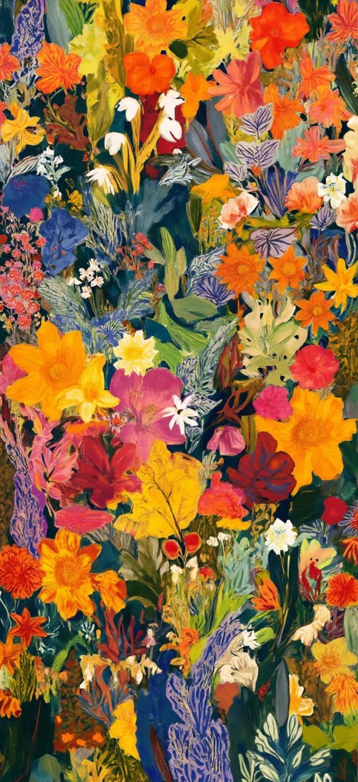 colorful_illustration, Enriched prompt: 

Imagine a mesmerizing digital wallpaper centered around a lush Lily of the Valley bouquet. This composition embodies a botanical boho minimalist aesthetic, where each delicate bell-shaped blossom is meticulously illustrated in a vibrant and colorful style. The painting draws inspiration from the playful, dynamic energy of hand-drawn illustrations, immersing the viewer in a whimsical garden of intricate details.

The background is an explosion of organic shapes, with scattered decorative elements that feature various leaves and floral components. These natural forms are arranged harmoniously across the canvas, imparting a free-flowing and liberated essence to the design. Embellished with lavish, decorative touches, the artwork intricately blends bold organic shapes with delicate details, adorned with scattered ornamental elements like dots, swirls, and abstract motifs.

Layer upon layer of luxurious colors and patterns breathe life into the scenery, creating a profound sense of depth and movement, capturing the eye and inviting exploration. The design echoes the harmonious, hand-drawn feel reminiscent of Scandinavian folk art and mid-century botanical prints.

This captivating digital wallpaper is centered perfectly, ensuring a crisp and clean look, making it an exquisite choice for printing and adorning as digital-wallpaper, enhancing any digital space with its vibrant and intricate floral elegance.