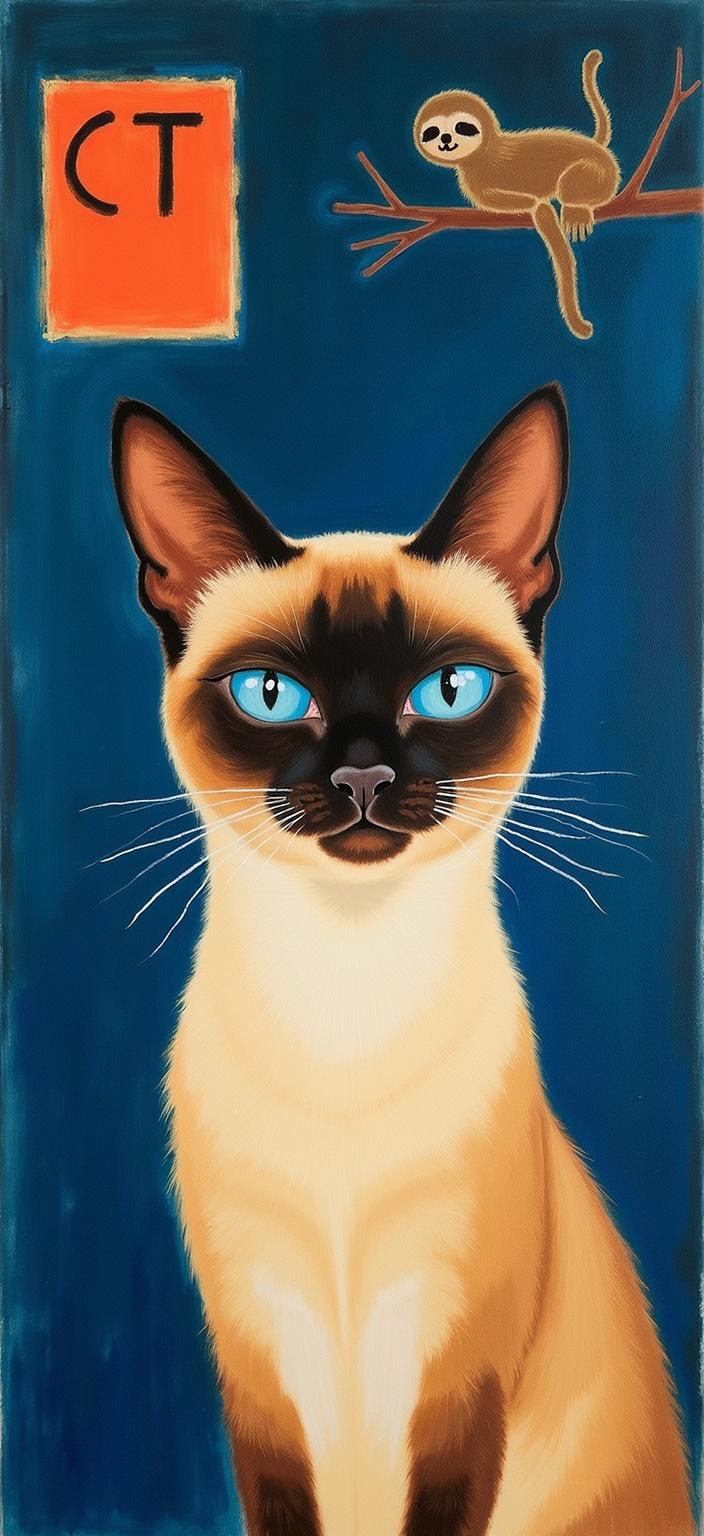 rothko, The painting features a charmingly grumpy Siamese cat, its expressive eyes and distinctive markings capturing a sense of endearing discontentment. The feline is positioned centrally, ensuring its features are crisply rendered for optimal viewing as digital wallpaper. The backdrop is a deep, dark blue, creating a striking contrast that accentuates the cat's creamy fur and vivid blue eyes. Behind the cat, an intriguing poster adds depth and interest to the composition. The poster, with its bold 'CT' initials, subtly draws the viewer's attention with its modern typography. It also features a whimsical sloth, leisurely clinging to a branch, adding a playful touch to the scene. 

The painting draws inspiration from a style characterized by complex layering of translucent color, allowing light to filter through in a way that gives the scene an ethereal glow. This technique imbues the background with an appearance of "inner light" and a remarkable luminosity, making the dark blue seem alive with subtle shifts in tone. Up close, the colors melt and fuse together, with blurred boundaries offering a soft, harmonious blend of hues. From a distance, the soft-edged shapes and colors hover weightlessly, creating the effect of floating zones of color. The painting's richly varied surface features unconventional paint drips and strokes that run in unexpected directions, adding texture and depth to the overall composition. This style offers a dynamic yet serene backdrop, perfectly complementing the central subject and ensuring the artwork is a captivating and elegant choice for digital wallpaper.